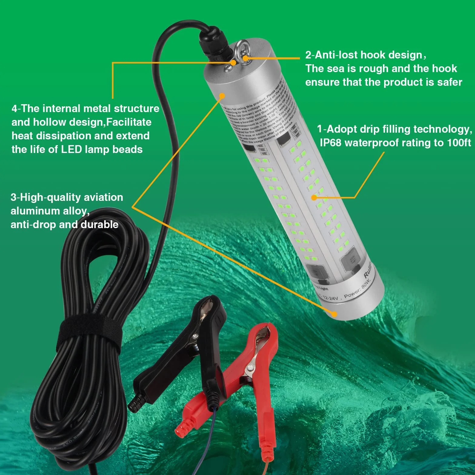 Luz de pesca submarina superbrillante de 80W 9600 lúmenes, impermeable IP68, alliage d'aluminium durable, para pesca nocturna, señuelo y cebo para barco, kayak y muelle (luz verde)