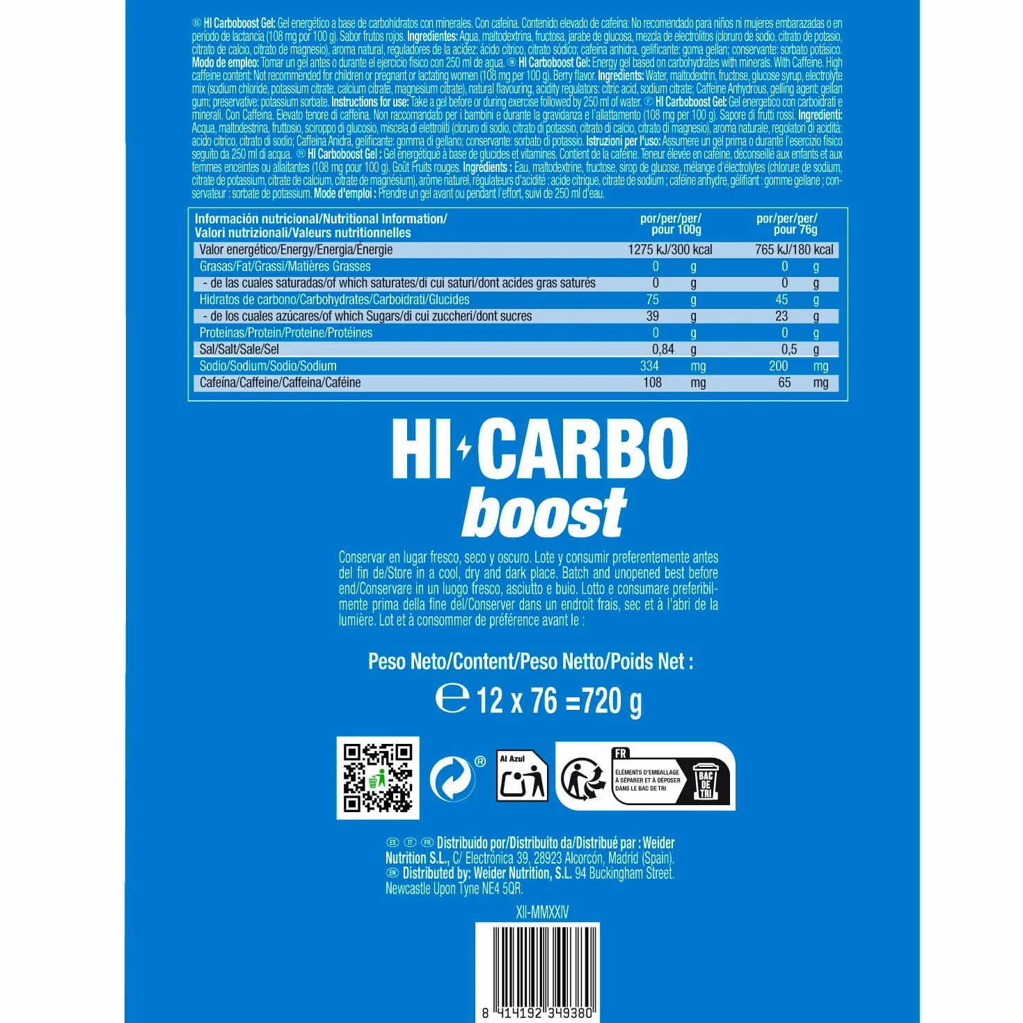 Victory Endurance HI Carbo Boost Gel 1:0,8 Series (12x76g) Sabor Frutos Rojos Con Cafeína, Alto en Carbohidratos 45g/gel, 200mg sodio/gel