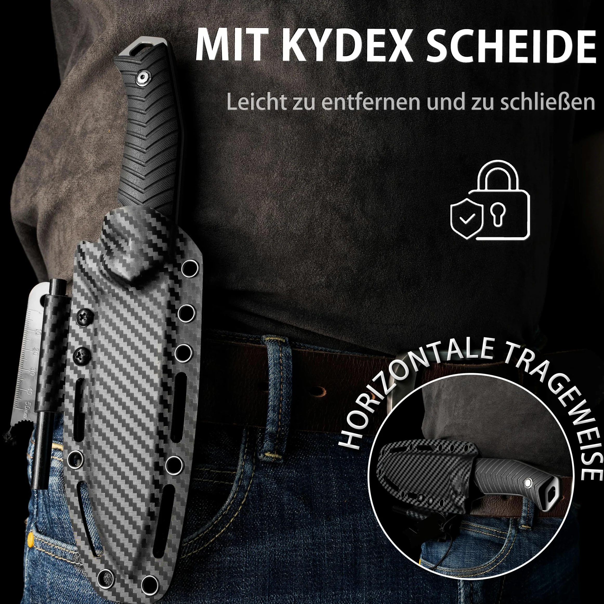 LOTHAR BAT Cuchillos de Hoja Fija, Couteau D'extérieur de Survie en Acier D2 avec Poignée en G10 et Étui Kydex, Idéal pour les Amateurs de Couteaux de Chasse en Plein Air