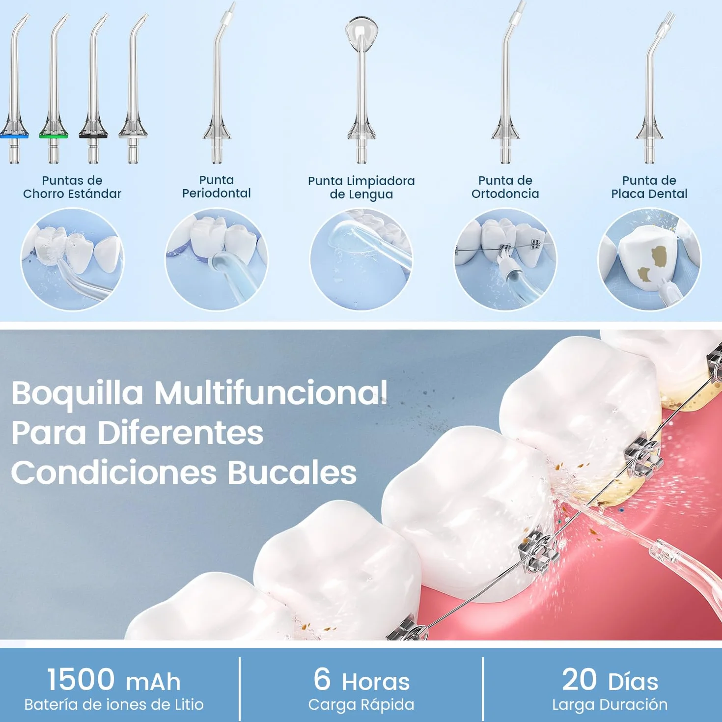 Vimmk Irrigador Bucal Portatil Inalámbrico Dental 8 Boquillas 5 Modos IPX7 Impermeable 300ML USB-C Recargable Blanco