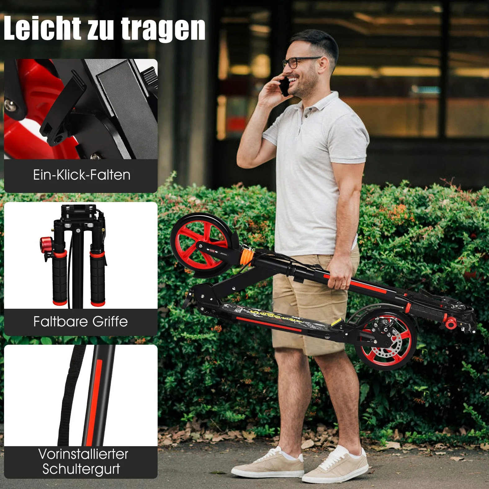 RELAX4LIFE Scooter Plegable con Altura Regulable, Patinete de Aluminio con Timbre, 2 Frenos y Doble Suspensión para Niños y Adultos 120-190 cm, Carga 100KG, Negro