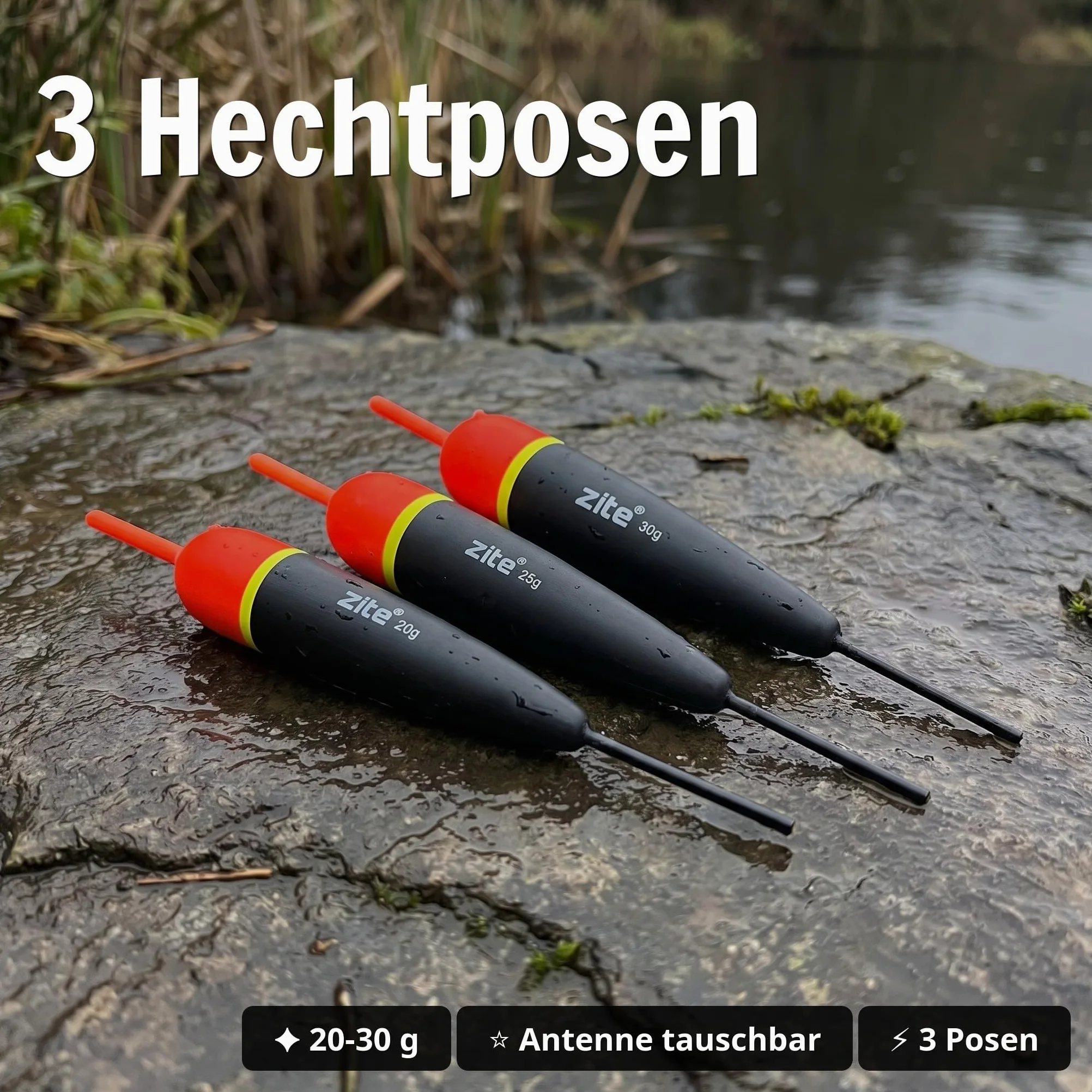 Zite Juego de flotadores de pesca para lucio, 20 – 30 g, montaje de doble perforación terminado en la cabeza de acero, tope de plomo de perlas, sistema completo de cebo para lucios