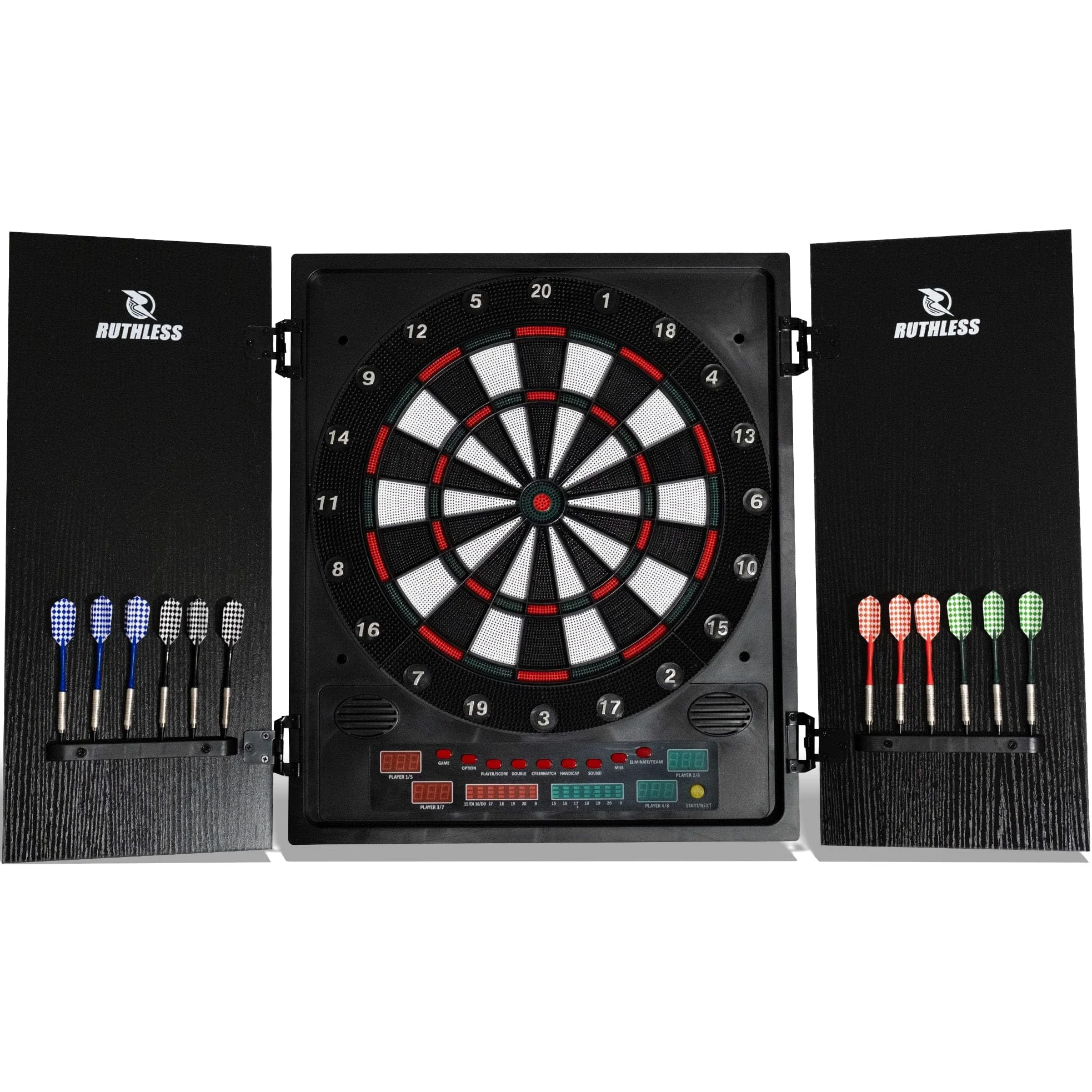 Ruthless - Tablero de dardos electrónico Ruthless R500 en gabinete - Punta blanda - incluye 4 juegos de dardos - para 8 jugadores - 27 juegos