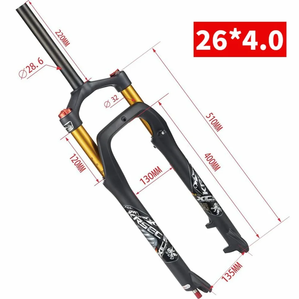 Horquilla Fat Bike de 26x4,0 Pulgadas Horquilla de suspensión para Bicicleta de montaña Recorrido 120 mm MTB Horquilla neumática Buje espaciado 135 mm 28,6 mm Amortiguación con Bloqueo de Corona Rec