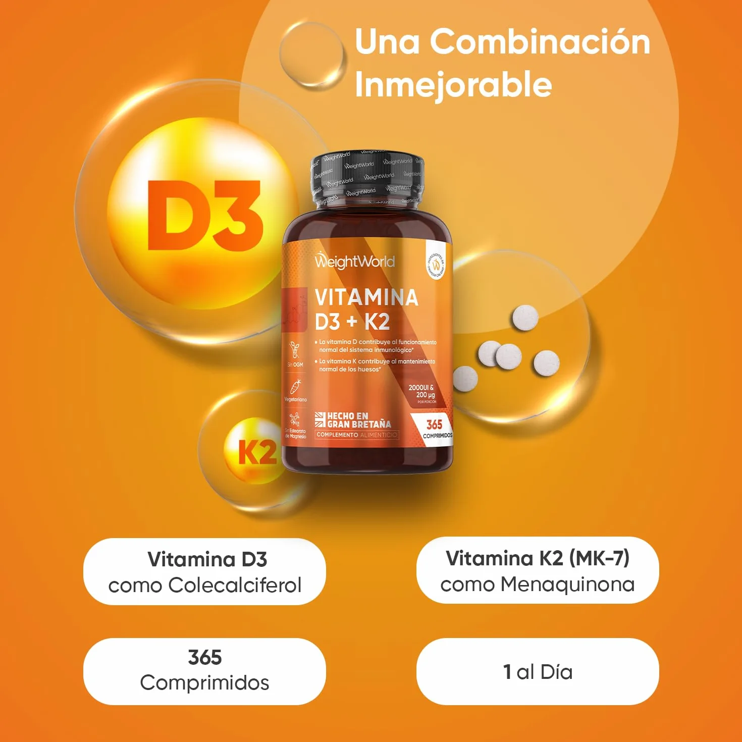 Vitamina D3 y K2 2000 UI + 200 µg - 365 Comprimidos - Vitamina D y MK7 - Vegetariano Sin OGM