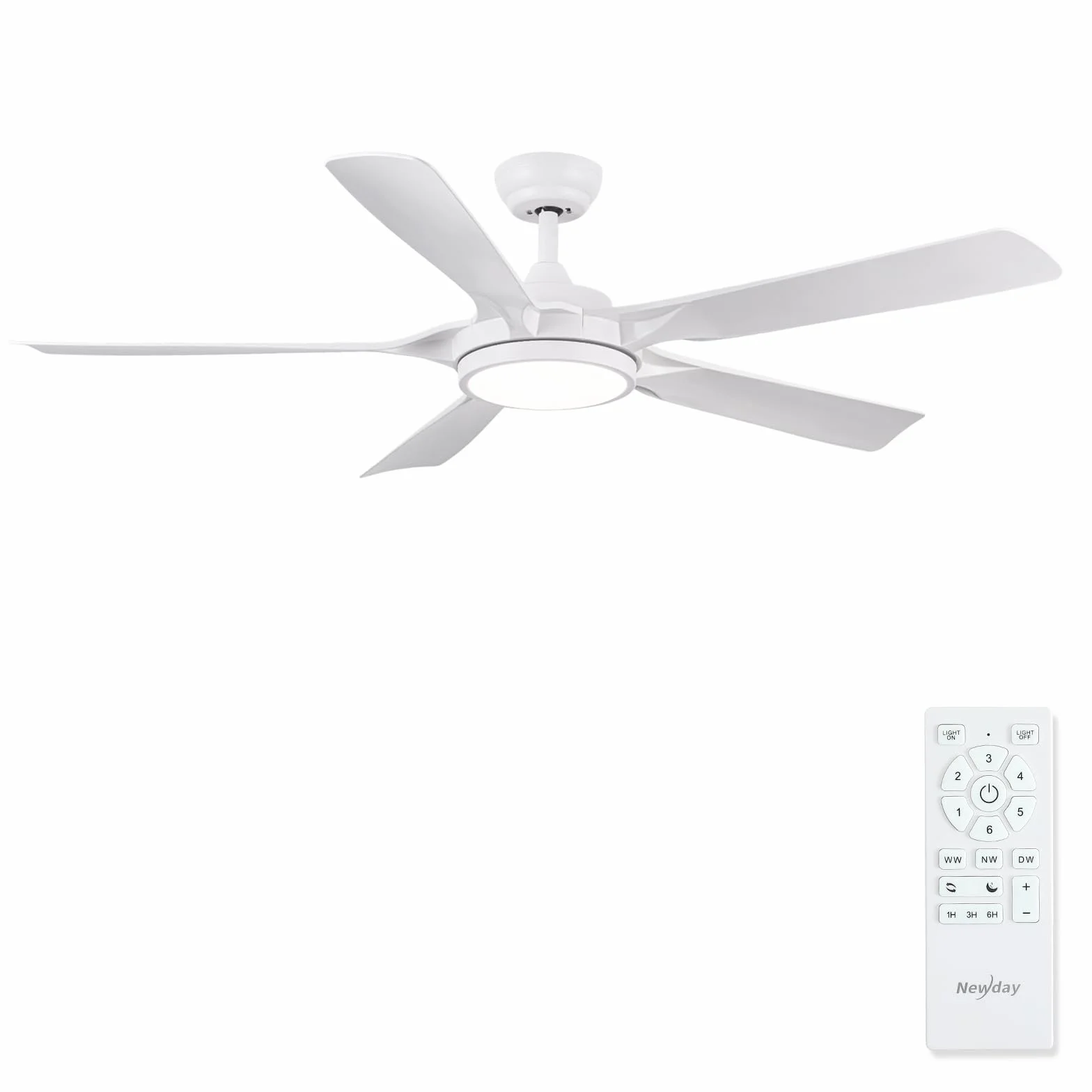 Newday Ventilador de Techo Blanco 142cm con Luz, Mando a Distancia, Motor DC, 5 Aspas