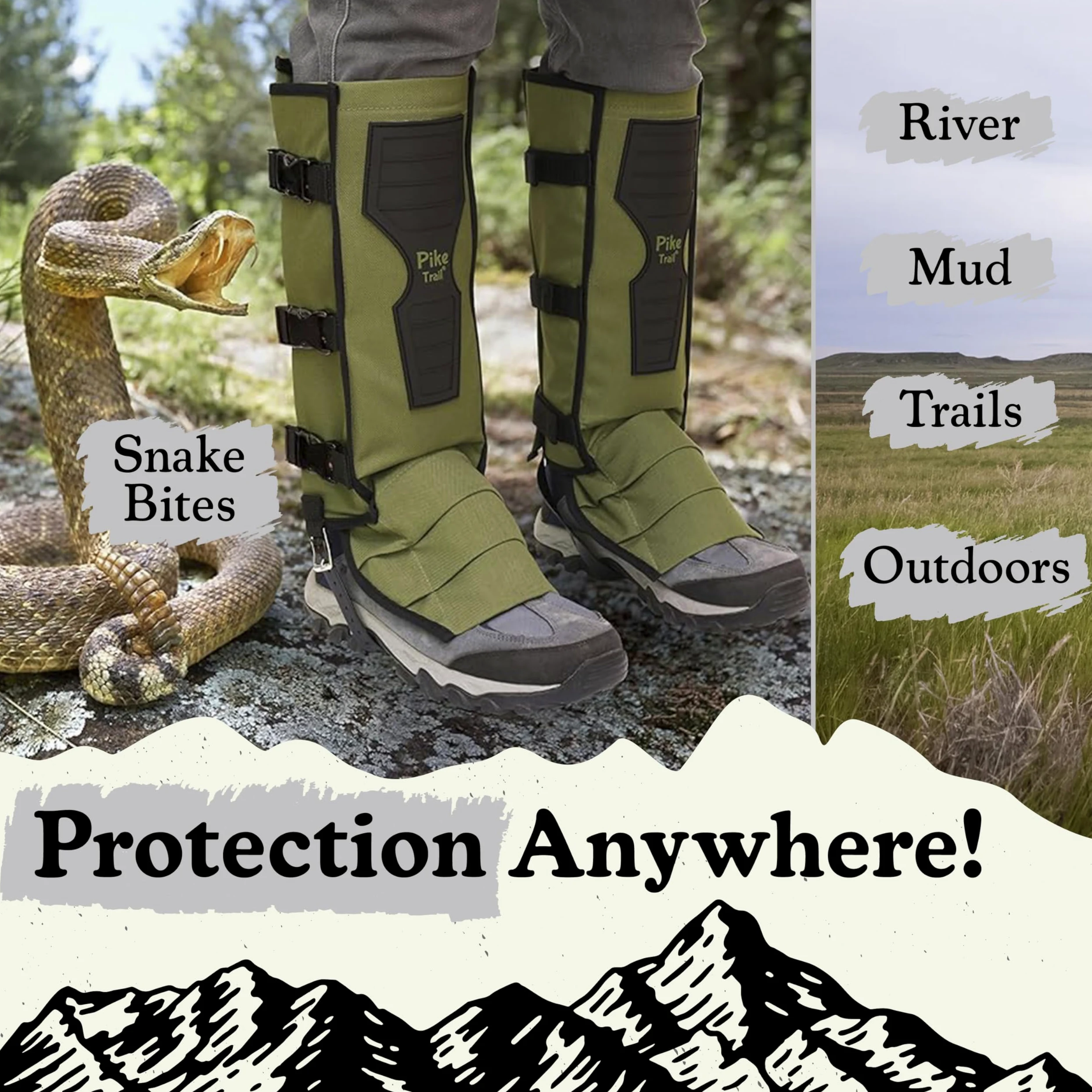 Pike Trail Polainas para patas de serpiente: protección de alto rendimiento para excursionistas y cazadores, impermeables, protección contra mordeduras, duraderas, antiserpientes, equipo para