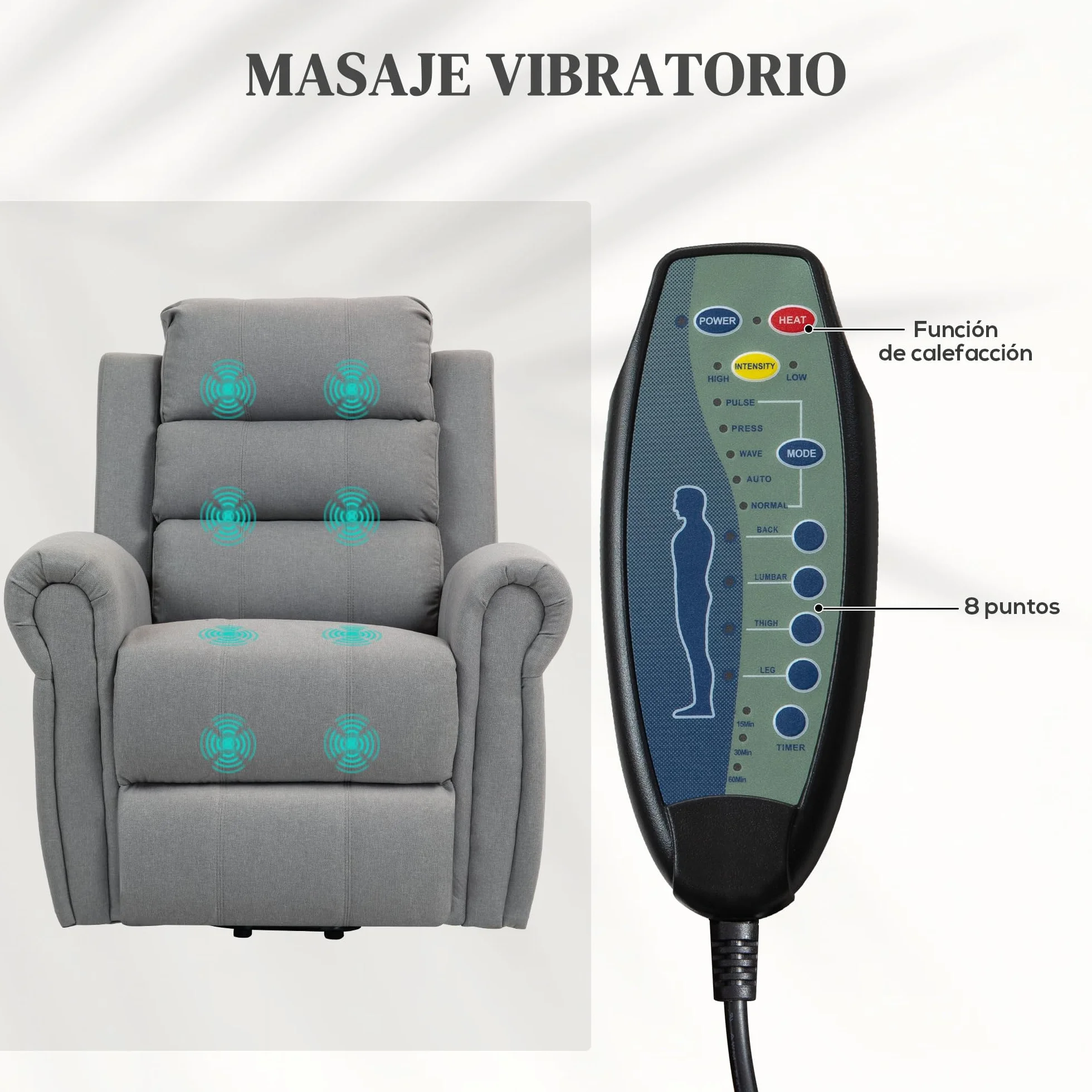 HOMCOM Sillón Relax Reclinable Eléctrico Levanta Personas, Masaje Vibratorio y Calor, Control Remoto, Gris