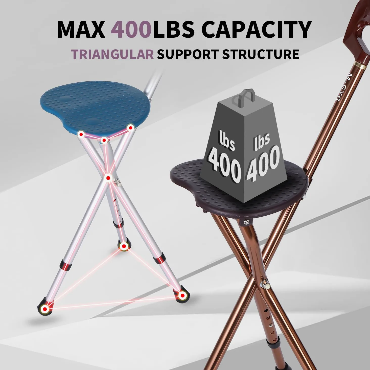 Bastón Resistente con Asiento Plegable, Capacidad de 440 Libras, bastón de aleación de Aluminio Ajustable con luz LED