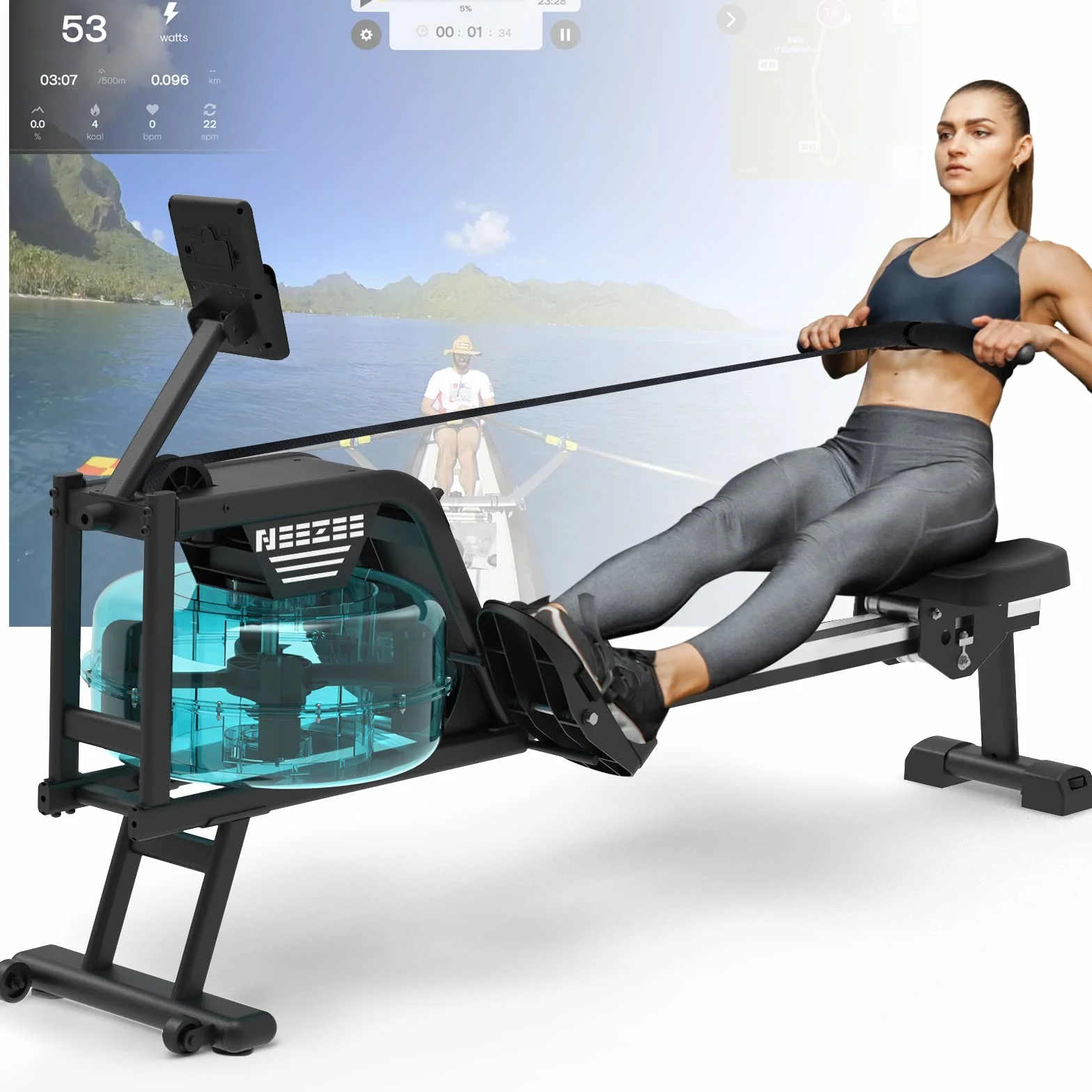 Neezee Máquina de Remo, máquina de Remo para Gimnasio en casa con riel de Aluminio, máquina de Remo de Agua con Soporte para Tableta, Resistencia al Agua y Pantalla LCD
