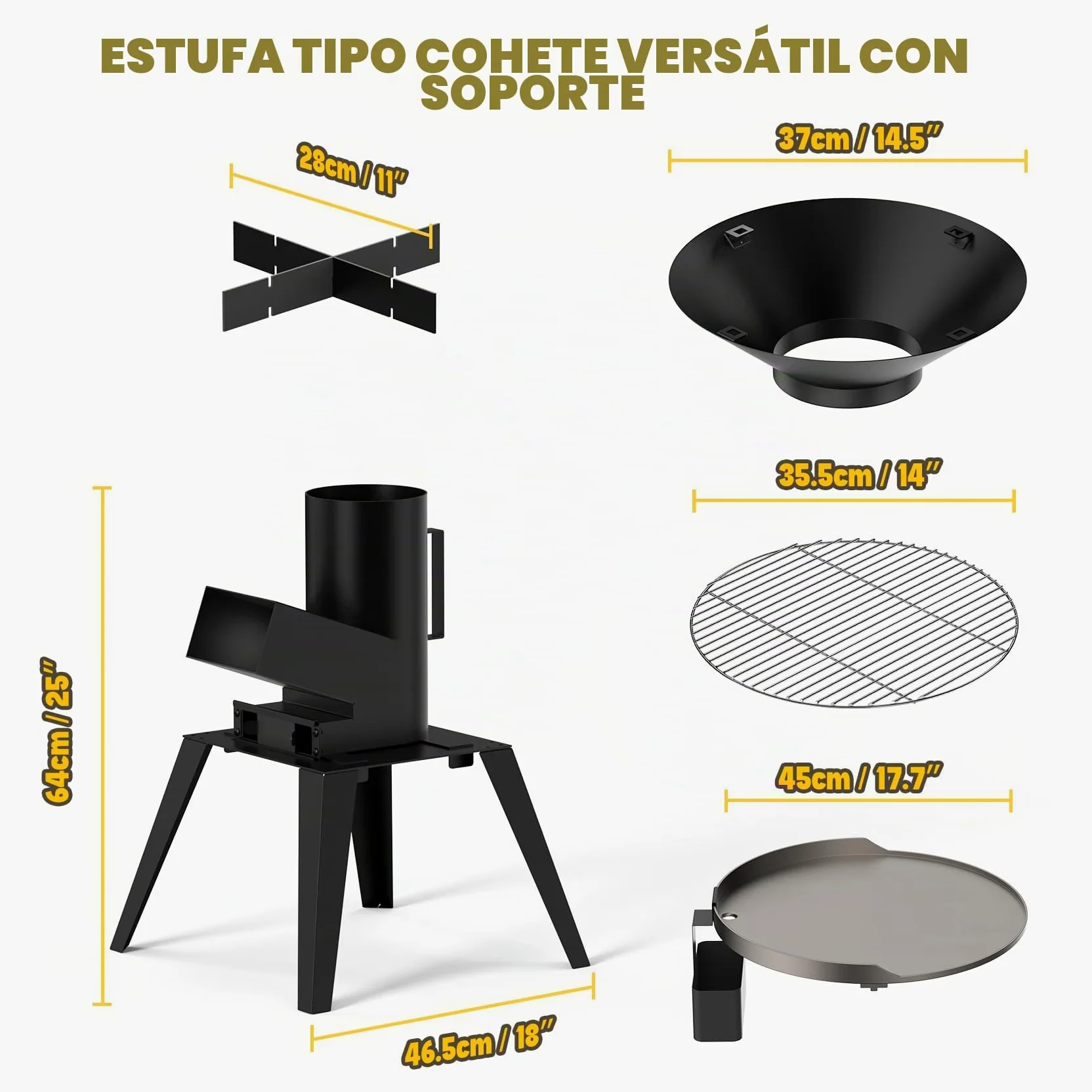 Onlyfire Estufa de Cohete de Camping Estufa Rocket Portátil, Estufa de Cañón con Placa Grill, Rejilla Grill y Rejilla para Ollas, 3 en 1 Multifunción Rocket Stove, Horno de Cohetes Exterior