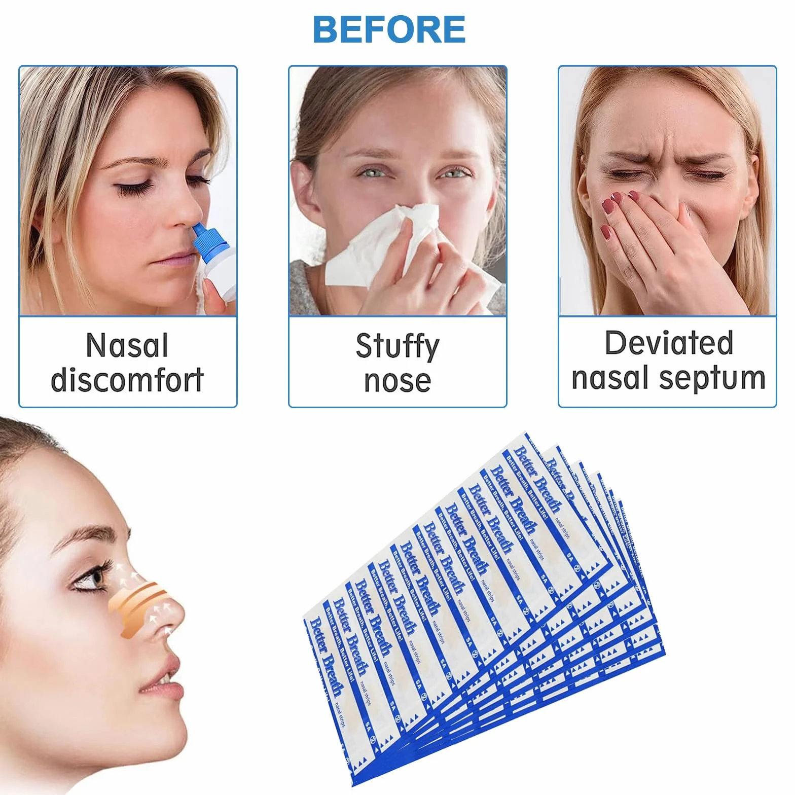 60 Pcs Tiras Nasales Antironquidos, Nasal Strips Deportivas, Talla L 66x19mm