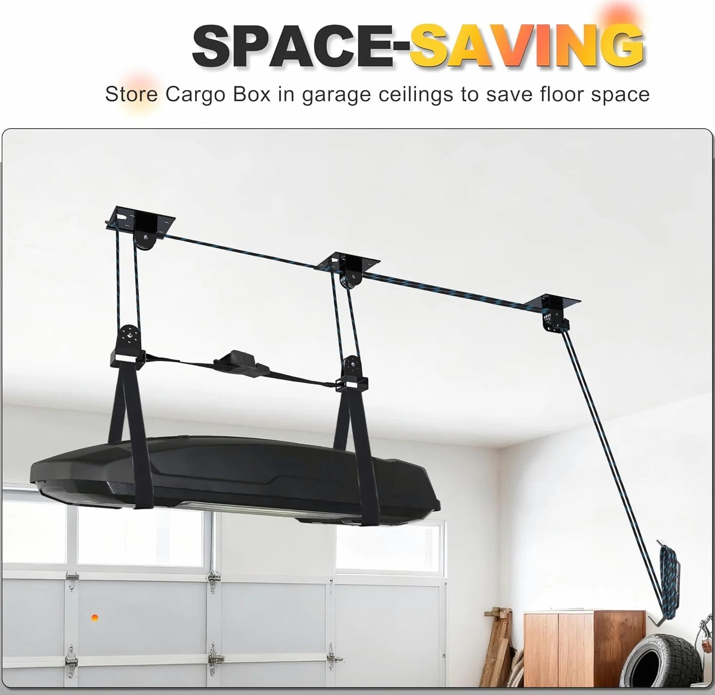 BOOSTEADY Elevador de kayak para techo de garaje, sistema de polea de kayak resistente, soporta hasta 150 libras de capacidad, sistema de elevación de almacenamiento de garaje para techos de 10 a 14