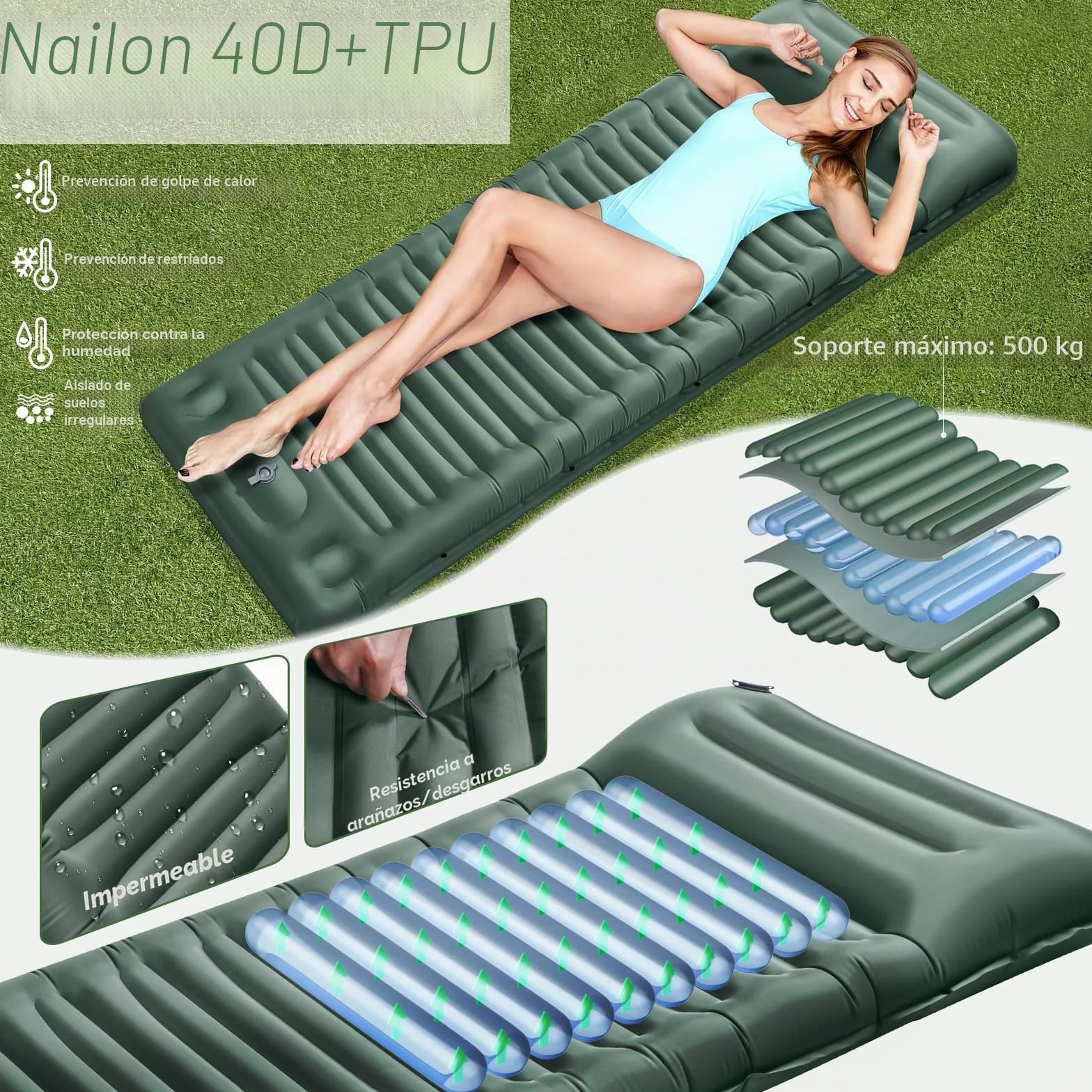 Esterilla Camping, Colchones Camping Autohinchable, Ultraligera, Colchón de Aire Hinchable para Camping, Portátil y Plegable, Almohadilla para Dormir de Acampada para Exteriores, Senderismo