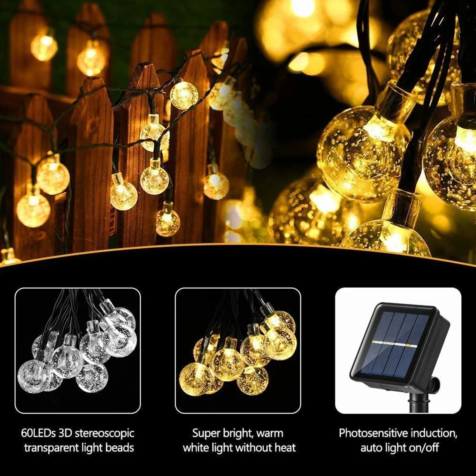 Moxled Guirnaldas Luces Exterior Solares 11M 60 LED Impermeable 8 Modos Cadena de Luces Solar para Jardín Patio Blanco Cálido