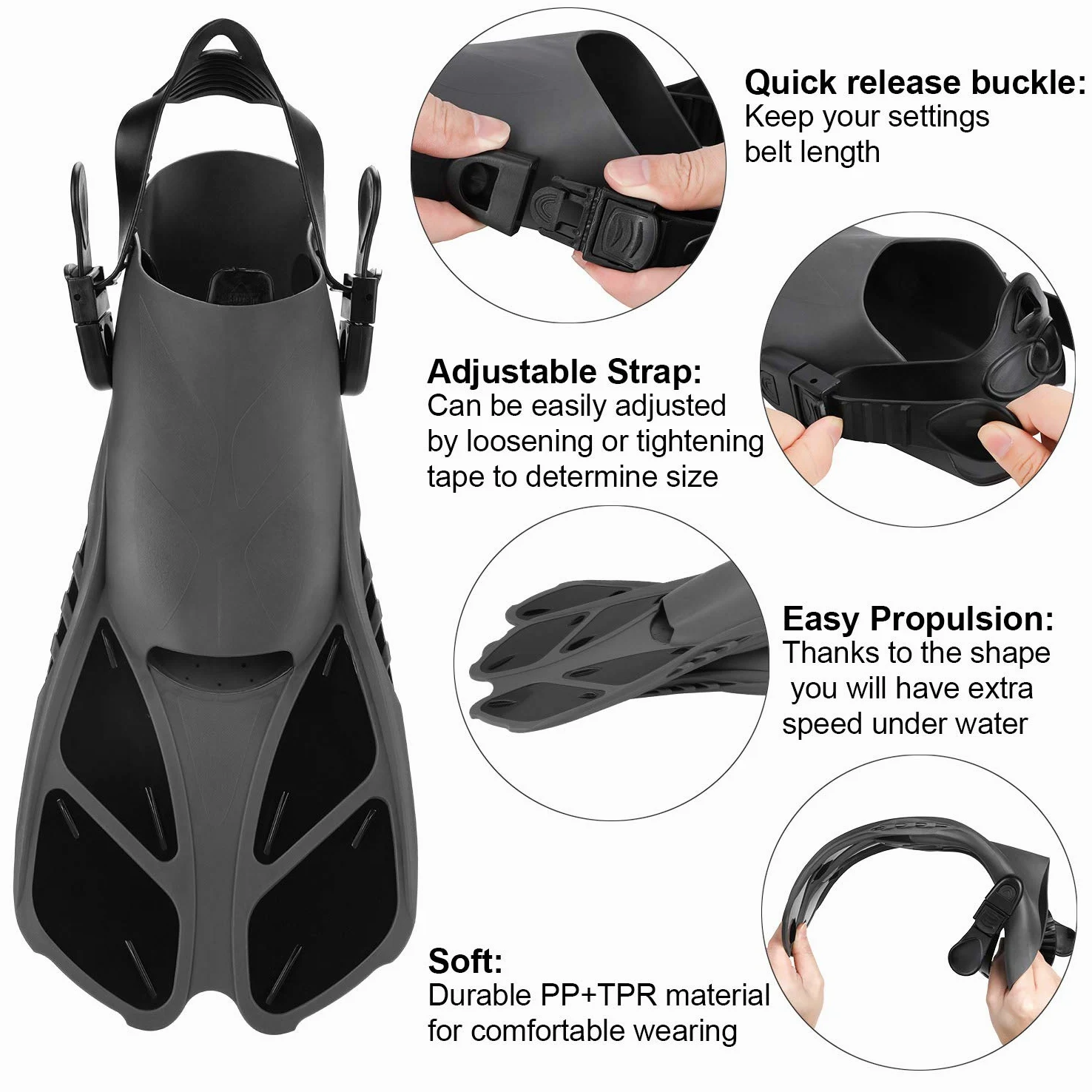 Oumers aletas de esnórquel, tamaño de viaje, correa ajustable, aletas de buceo con bolsa de malla y conector de hebilla extra para hombres y mujeres, buceo