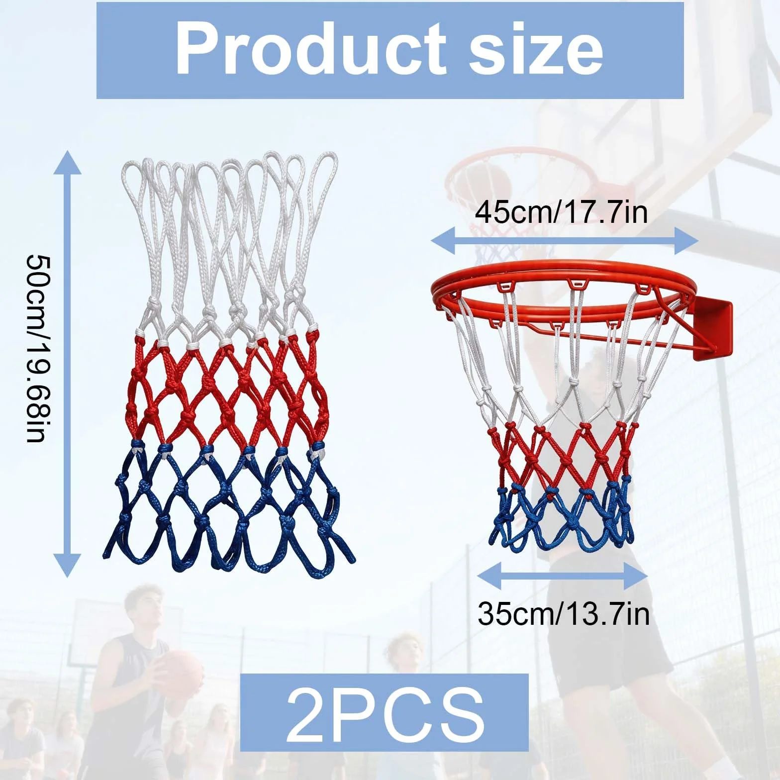 Red de Baloncesto Tricolor Blanco Azul Rojo Pack 4 Redes Aro Estándar 12 Lazos Poliéster Resistente para Interior Exterior Canasta