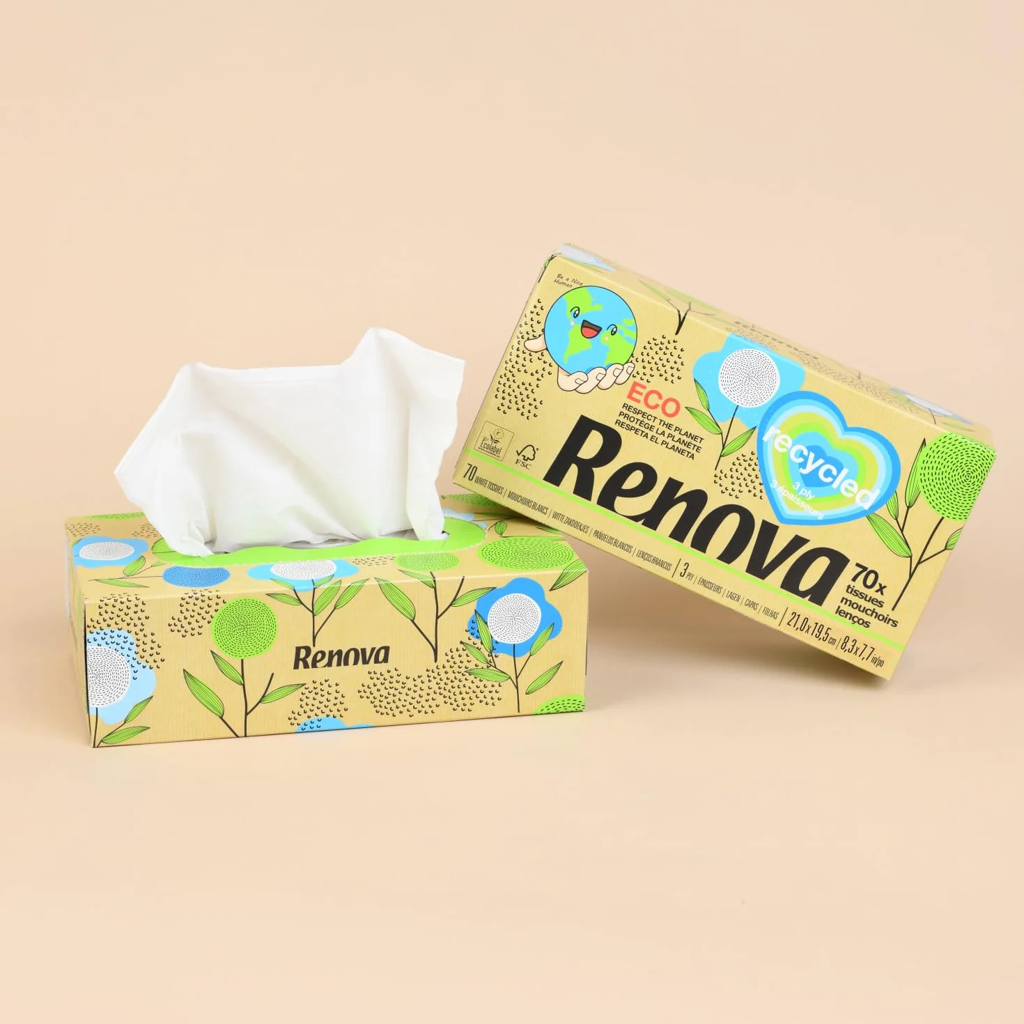 Renova Pañuelos Faciales Reciclados Cajita 70 Papel Reciclado FSC Ecolabel