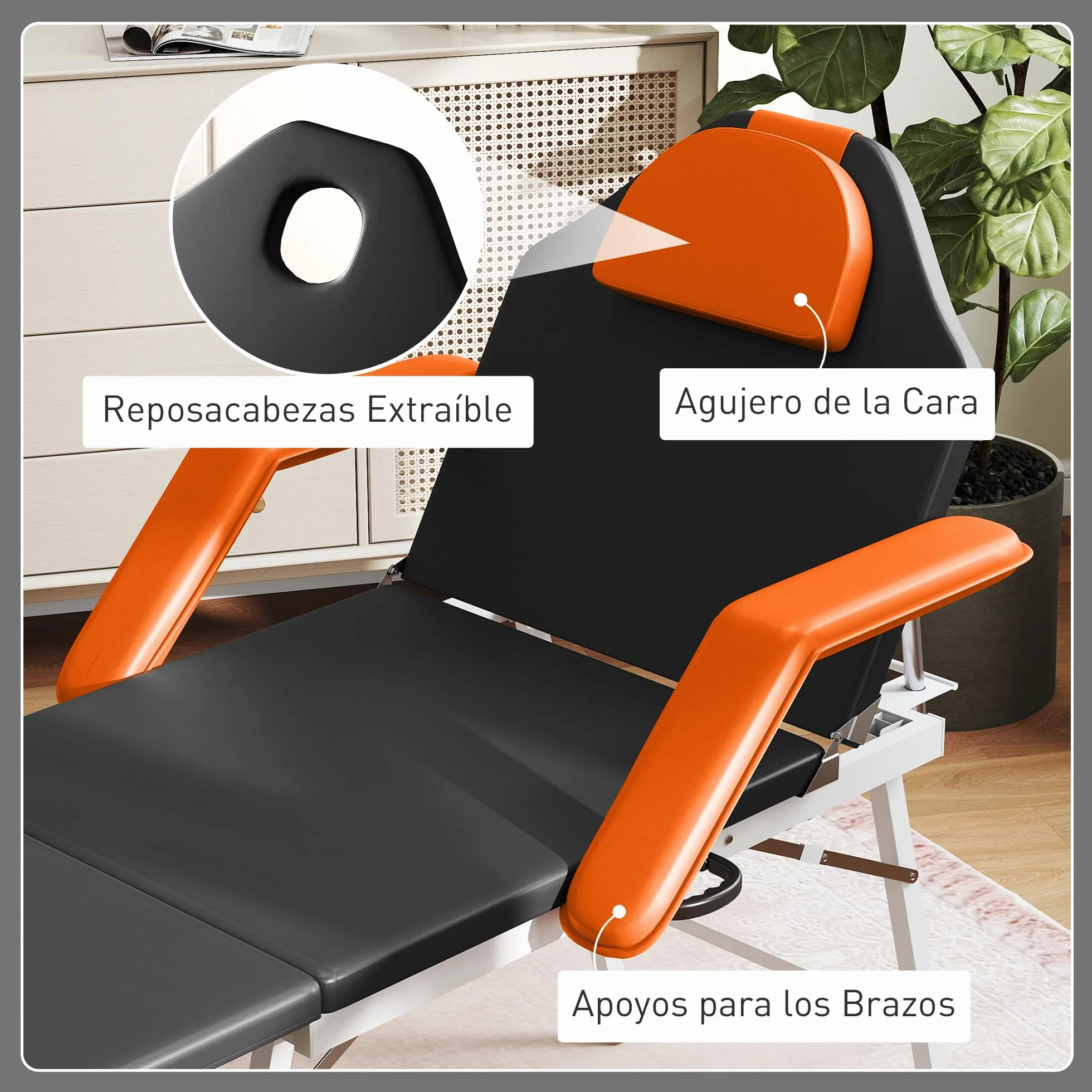HOMCOM Camilla Masaje Plegable Portátil 3 Zonas Respaldo Soporte Piernas Ajustables Reposacabezas Extraíble Reposabrazos Acolchados SPA 182x82 cm Naranja