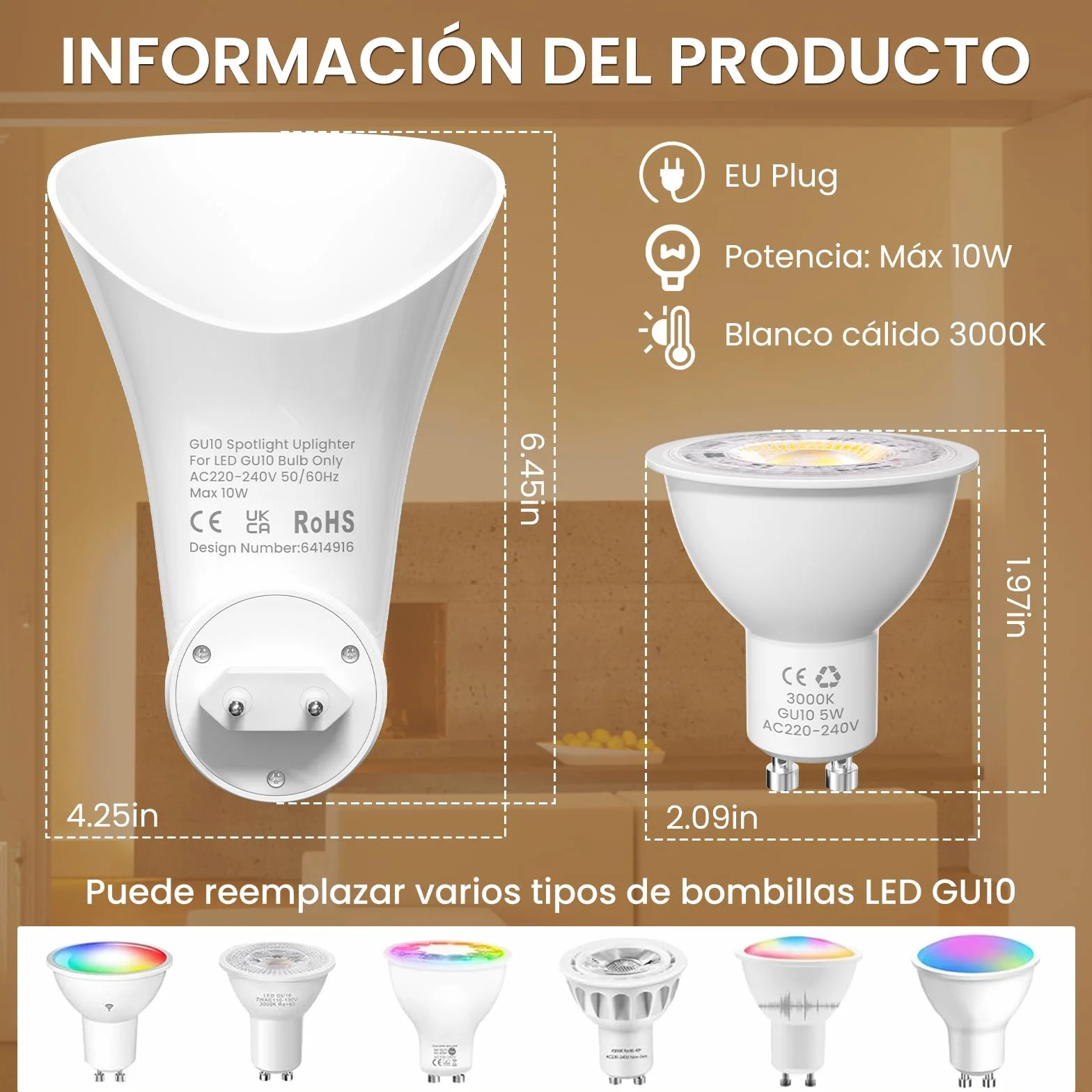 GU10 LED Aplique de Pared con Enchufe, Foco Uplighter, Luz Cálida 3000K