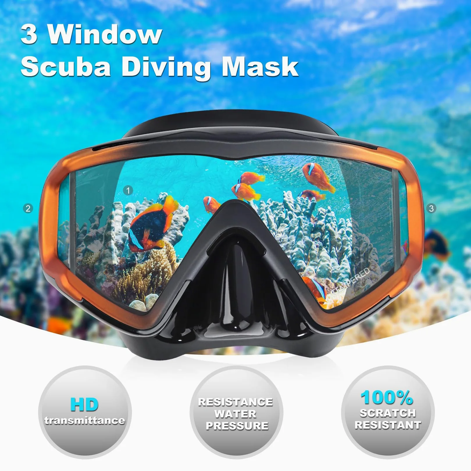 Juego de esnórquel para adultos, máscara de esnórquel profesional antivaho, máscara de buceo en seco para buceo libre, esnórquel, natación (naranja juego de esnórquel Pano 3)