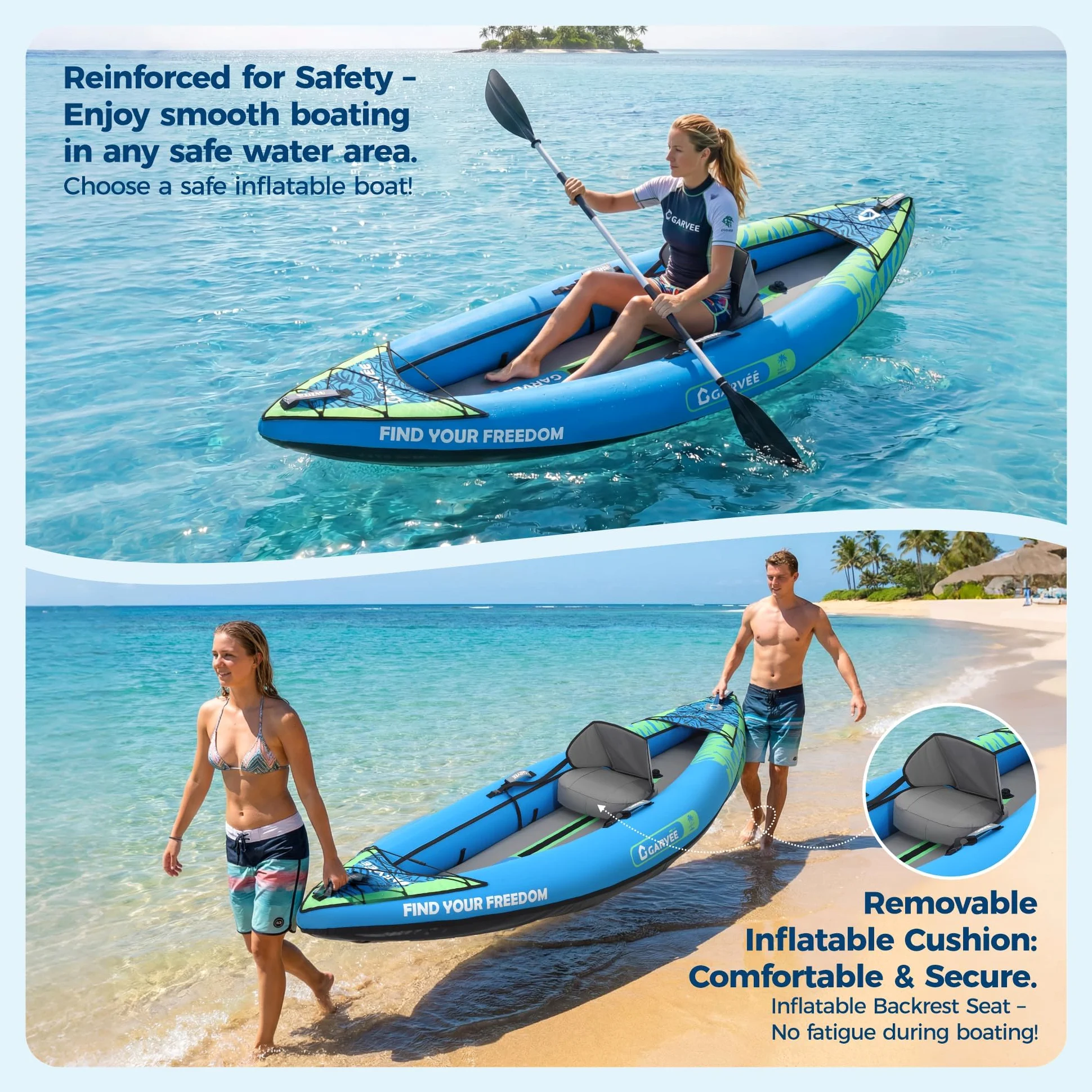 Kayak hinchable para 2 personas, casco de punto de caída, capacidad de carga de 450 Lbs, incluye remo, bomba, asientos y bolsa de transporte, resistente kayak de senderismo para mar, río y costa