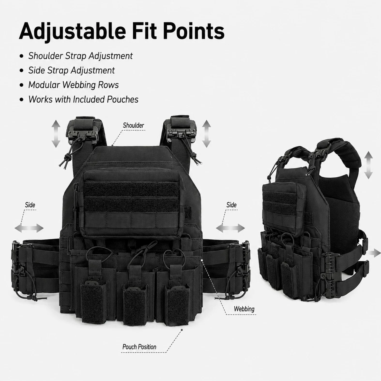 Genérico Arnes de Carga Modular Kit, Chaleco de Pecho Airsoft Ajustable | Incluye Base Bolsa Triple Bolsa Cuadrada Pequena Bolsa Smartphone Bolsa Radio y Bolsa Trasera de Carga Utilidades