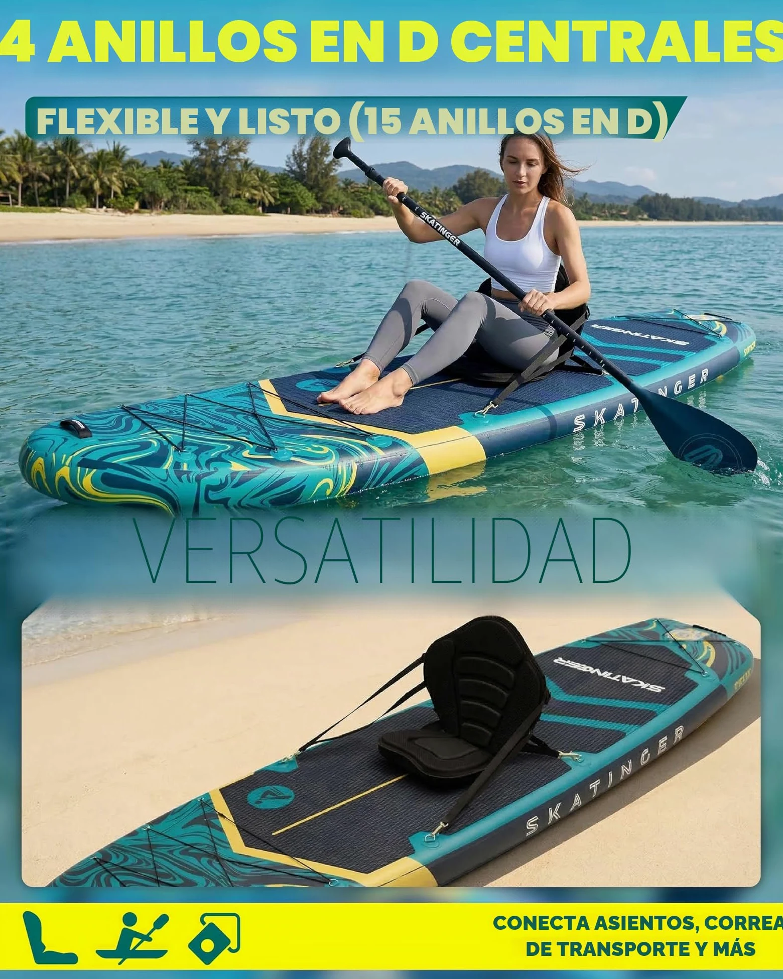 Skatinger Tabla de Remo Inflable extraancha de 335 x 86 cm, soporta hasta 190 kg, para Adultos, Sup Estable para 2 Personas/Familia, Remo de 3 Piezas, Correa para el Hombro, quilla Estadounidense