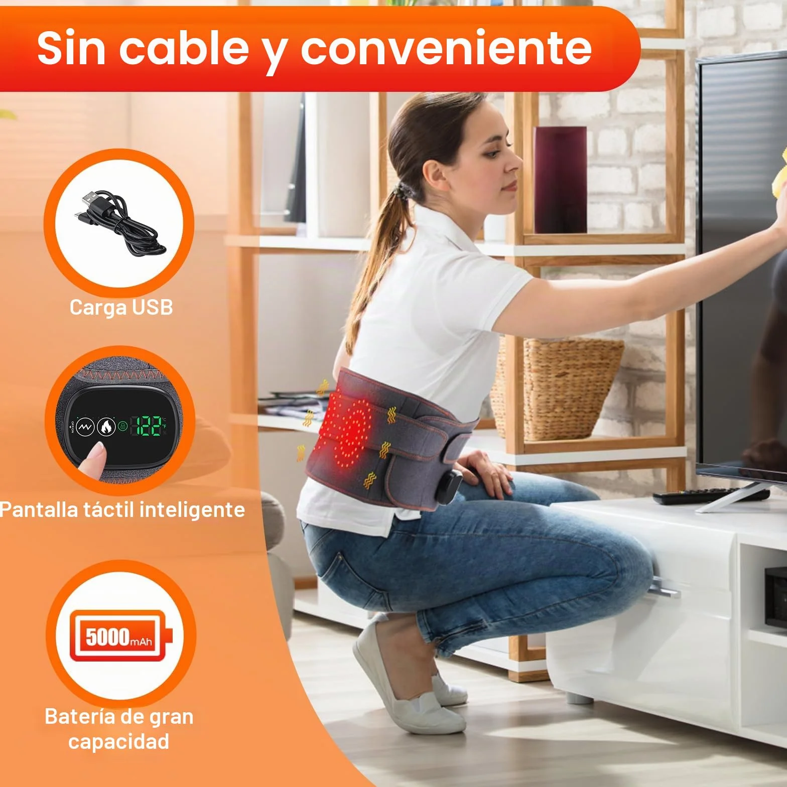 Almohadilla Eléctrica Para La Cintura, Cinturón Eléctrico Sin Cables Para La Espalda Con 3 Modos De Calefacción Rápida Y Masaje, Pantalla Táctil, Para Abdomen Con Batería Recargable 5000mAh