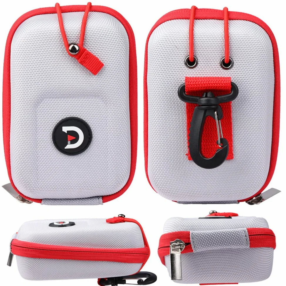 ACHIX Funda rígida para telémetro de Golf Compatible con Bushnell/Callaway, Bolsa de Transporte Universal con mosquetón para cinturón, Plata con Borde Rojo, 5.59 * 3.7 * 2.5inch, Moderno