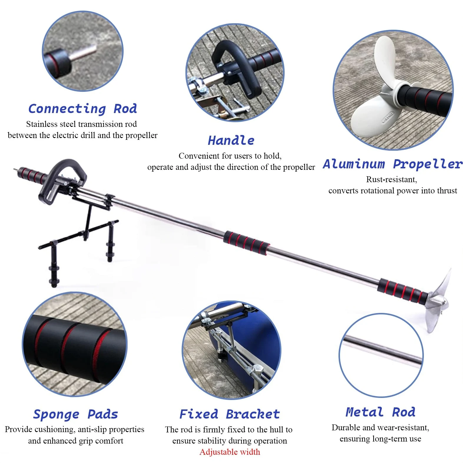 Motor Fueraborda Motor de Arrastre para Canoa/Velero/Kayak, Hélice Accionada Por Taladro Dirigible Subacuático, Remo de Motor de Barco de Emergencia con Soporte(Length 1m/3.3ft)