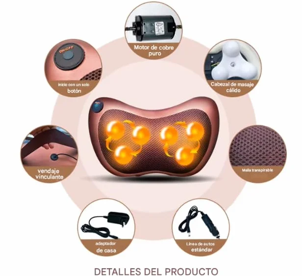 Cojín de Masaje SHIATSU Eléctrico con Calor y Terapia Magnética, Masajeador Cervical, 4 Rodillos