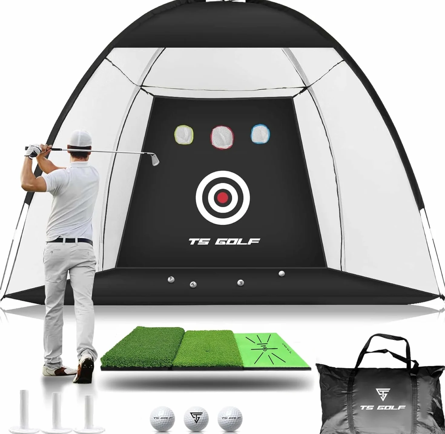 Red de práctica de golf - 10 x 7 pies - Red de conducción de golf XL Tri-Turf y alfombrilla, 3 pelotas, 3 camisetas de goma, bolsa de transporte, redes de golf para conducción en el patio