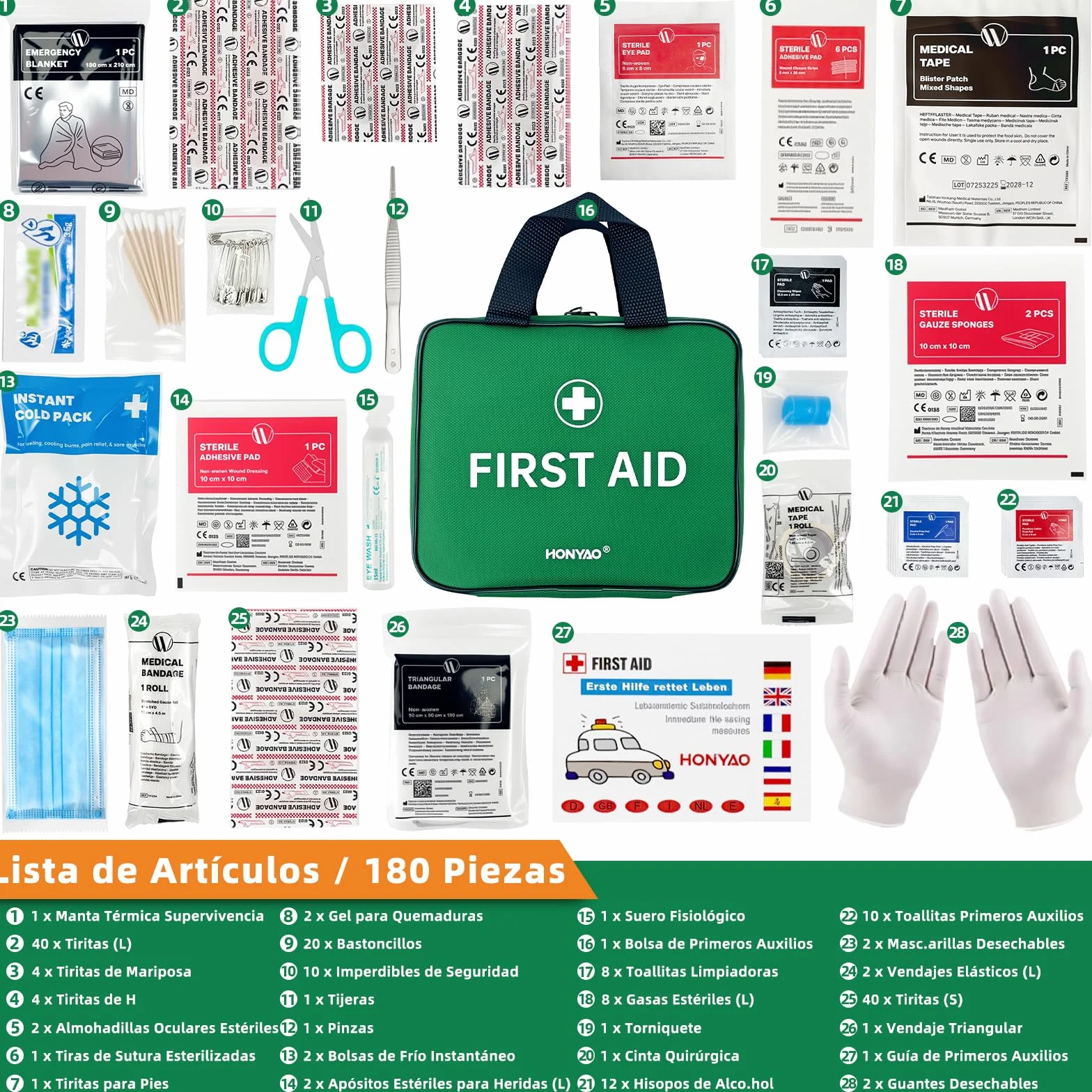 HONYAO Botiquín de Primeros Auxilios 180 Piezas, Kit Completo para Hogar Coche Viaje, Verde