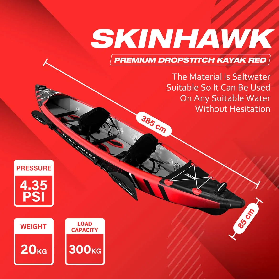 Skinhawk Premium Full Drop Stitch Kayak 385 Rojo Inflable Canoa para Inflable, Kayak de Aventura, 385 x 85 cm