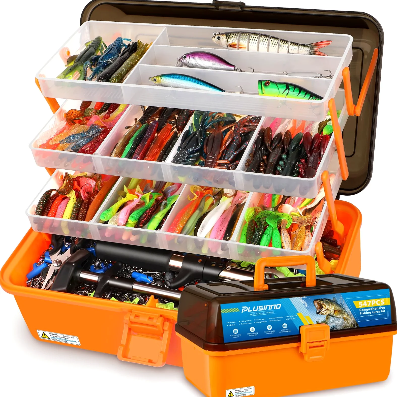 PLUSINNO Caja grande de aparejos de 4 capas con aparejos incluidos, kit de señuelos de pesca de 547 piezas - alicates, cebo, ganchos, pesos y accesorios - Equipo y equipo de señuelo de pesca de lubina