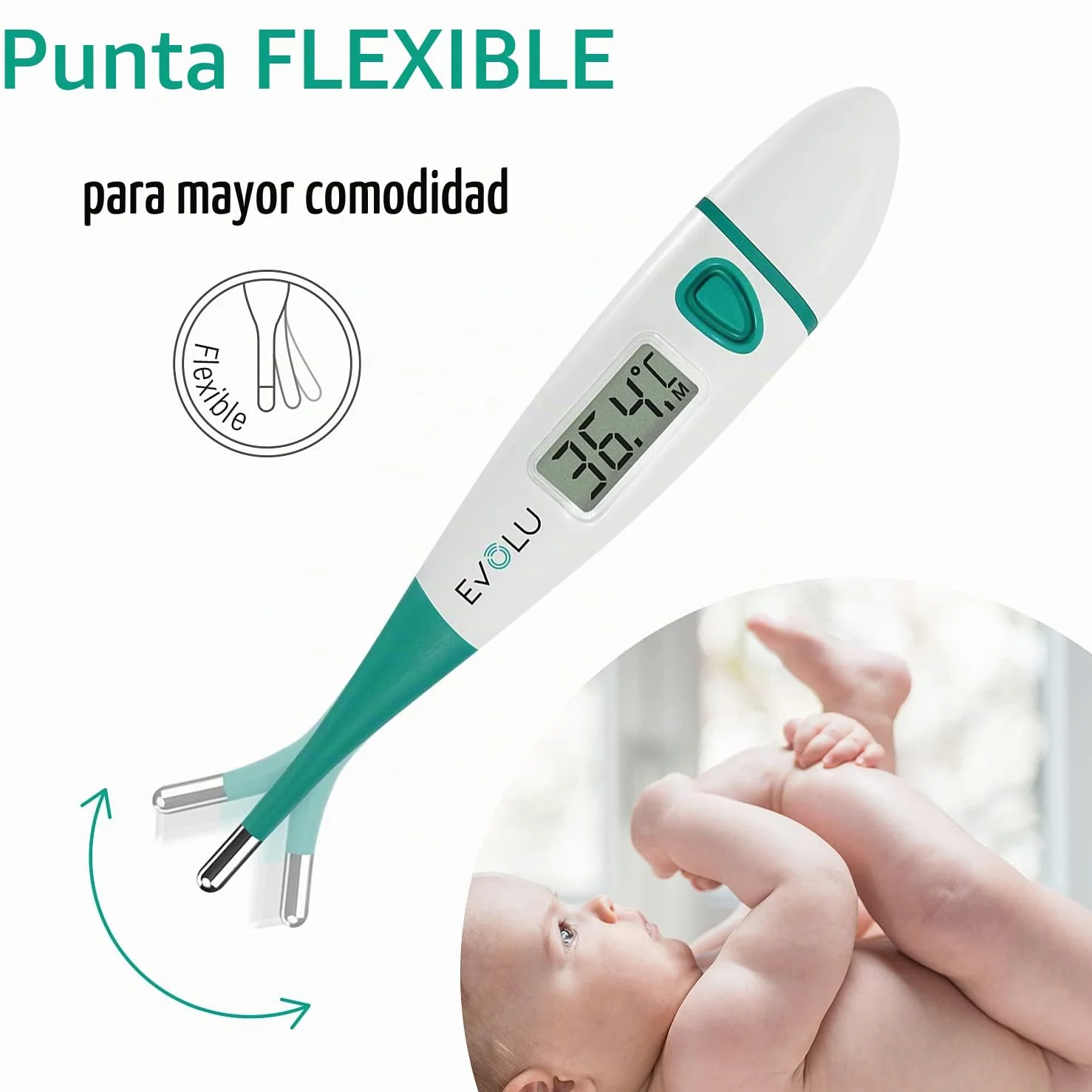Evolu Termómetro digital oral rectal axilar 10 segundos punta flexible bebés niños adultos exactitud 0,1°C pantalla fácil lectura funda