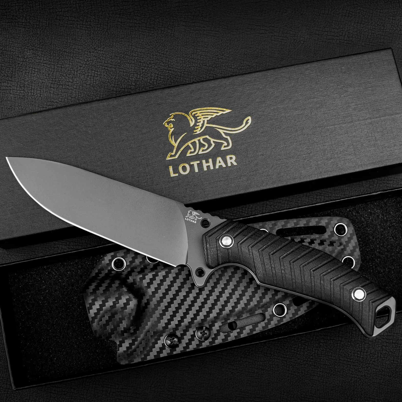 LOTHAR BAT Cuchillos de Hoja Fija, Couteau D'extérieur de Survie en Acier D2 avec Poignée en G10 et Étui Kydex, Idéal pour les Amateurs de Couteaux de Chasse en Plein Air