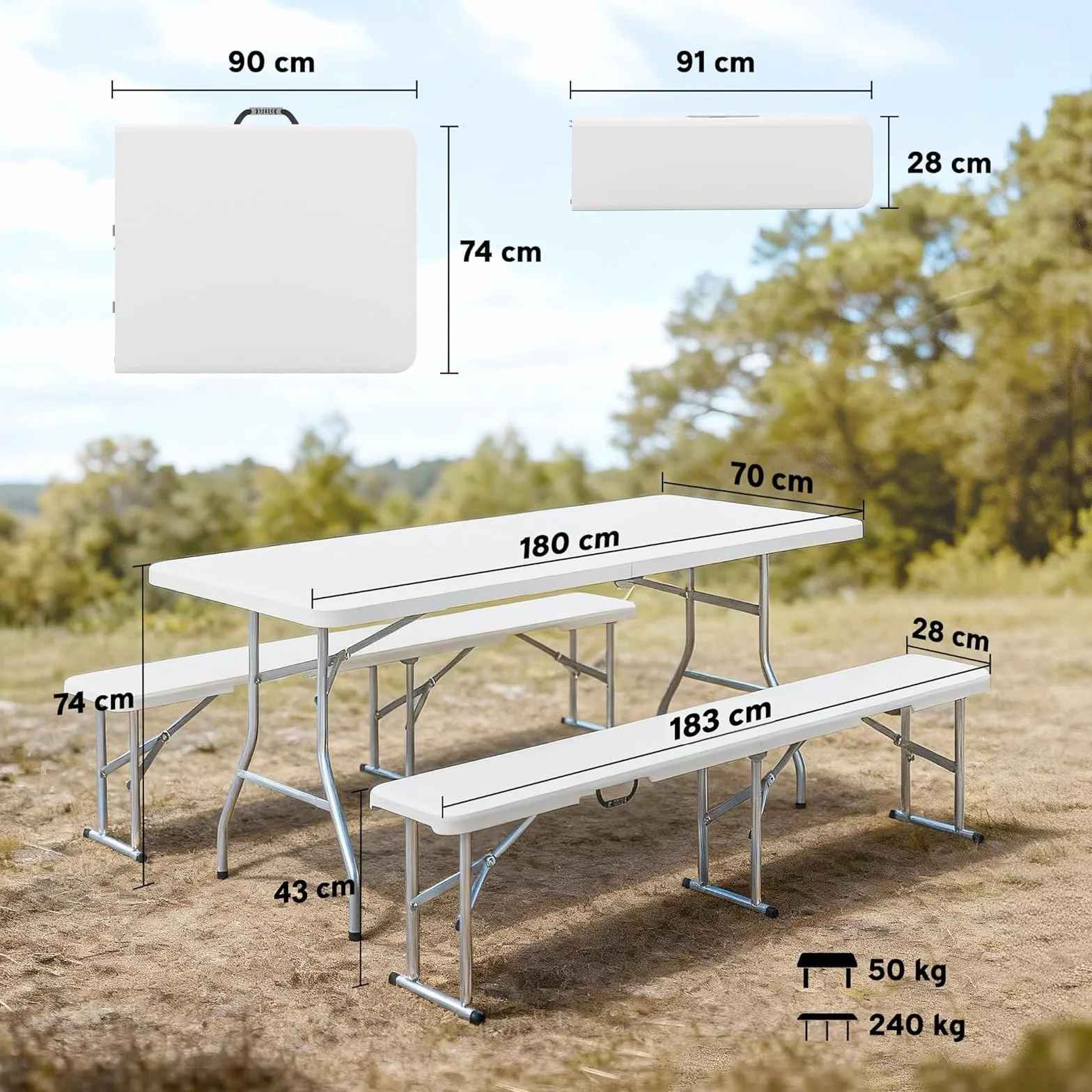 YOEVU Mesa Plegable con 2 Bancos, Conjunto Picnic 180 cm, Set Portátil Tipo Maleta, Estructura de Acero Resistente hasta 240 kg, para Camping, Jardín, Terraza y Eventos