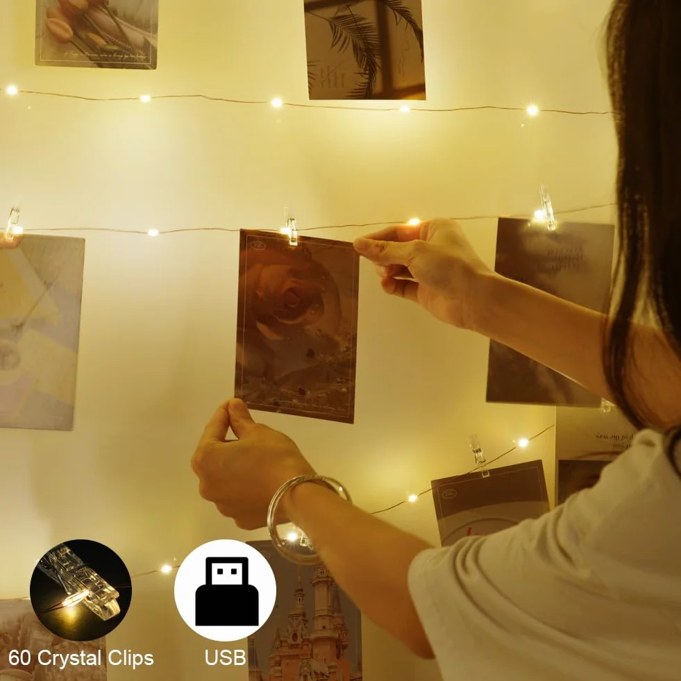 Clip Cadena de Luces LED 10M 100LED Batería 60Pinzas Transparentes Decoración Pared Dormitorio Fiesta Navidad