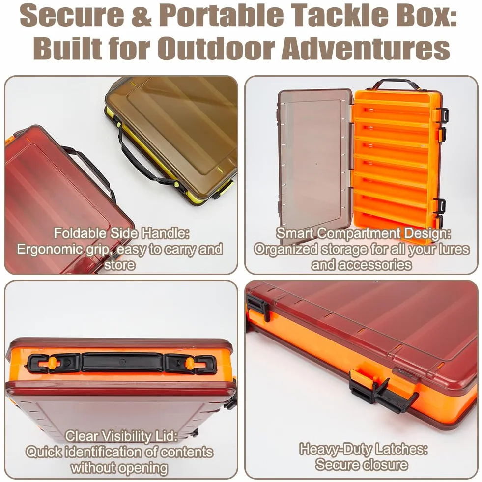 WEBEEDY Paquete de 4 cajas de señuelos de pesca de doble cara, caja de aparejos, 27,5 x 18 x 4,75 cm, plástico translúcido, almacenamiento de señuelos de pesca con hebilla para organizador de cebos de