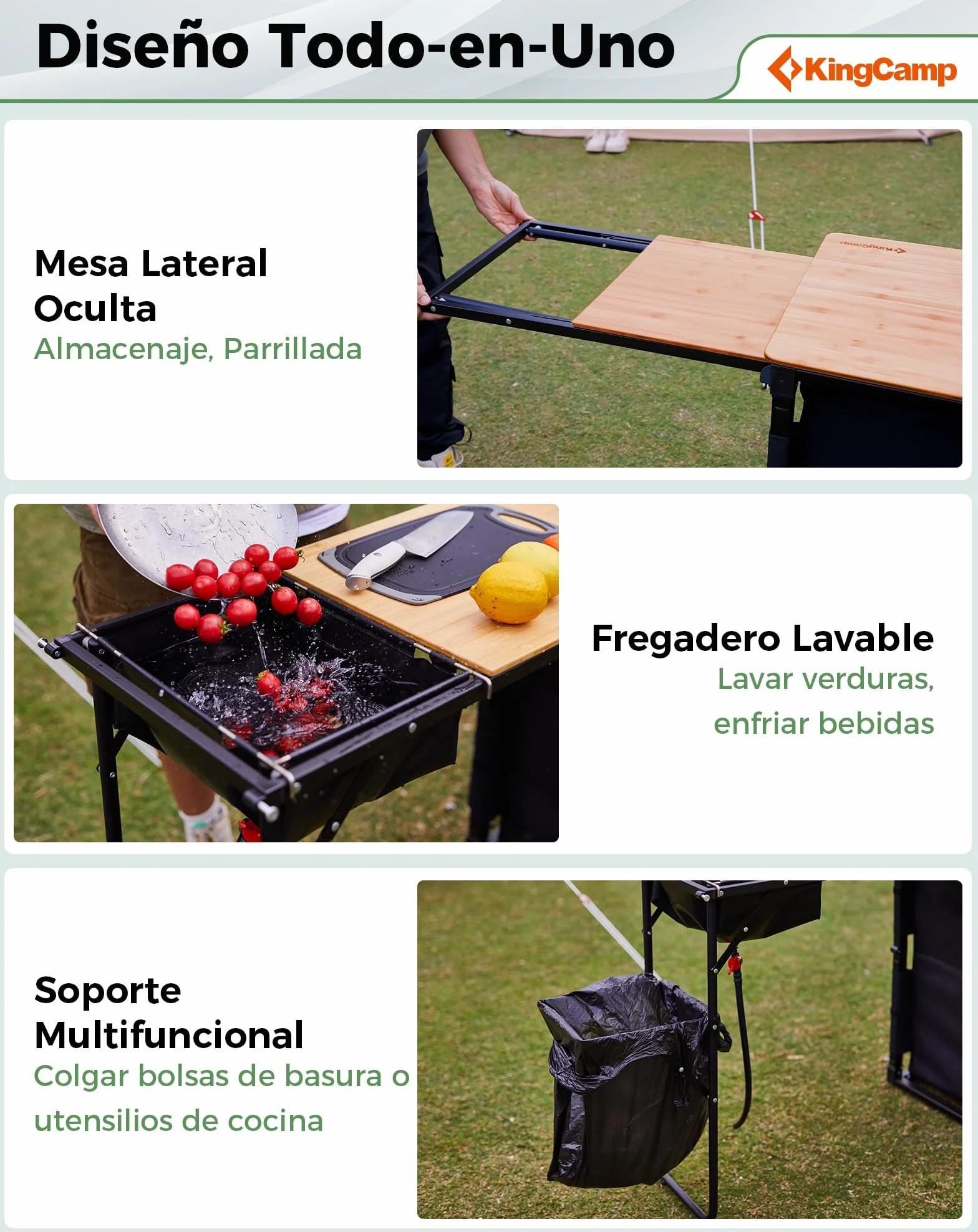 KingCamp Cocina de Camping con Fregadero – Cocina Exterior bambú/Aluminio, Mueble Plegable con Soporte lámpara, Almacenamiento y Protector Viento, Ideal para Camping, Picnic y Barbacoa