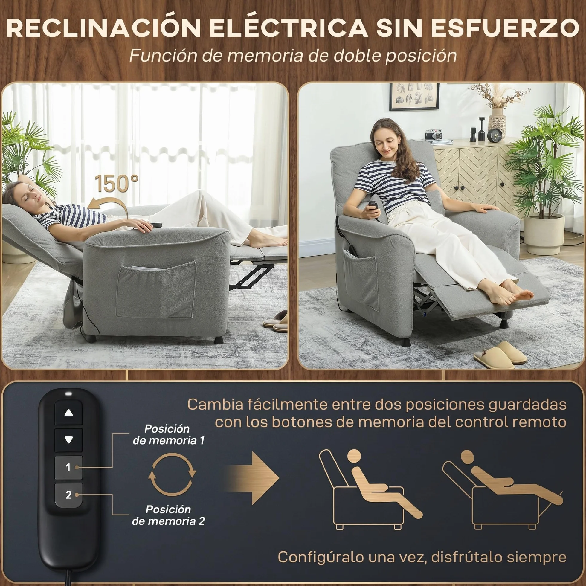 HOMCOM Sillón Relax Reclinable Eléctrico con Calor Lumbar y Masaje Vibración, Gris