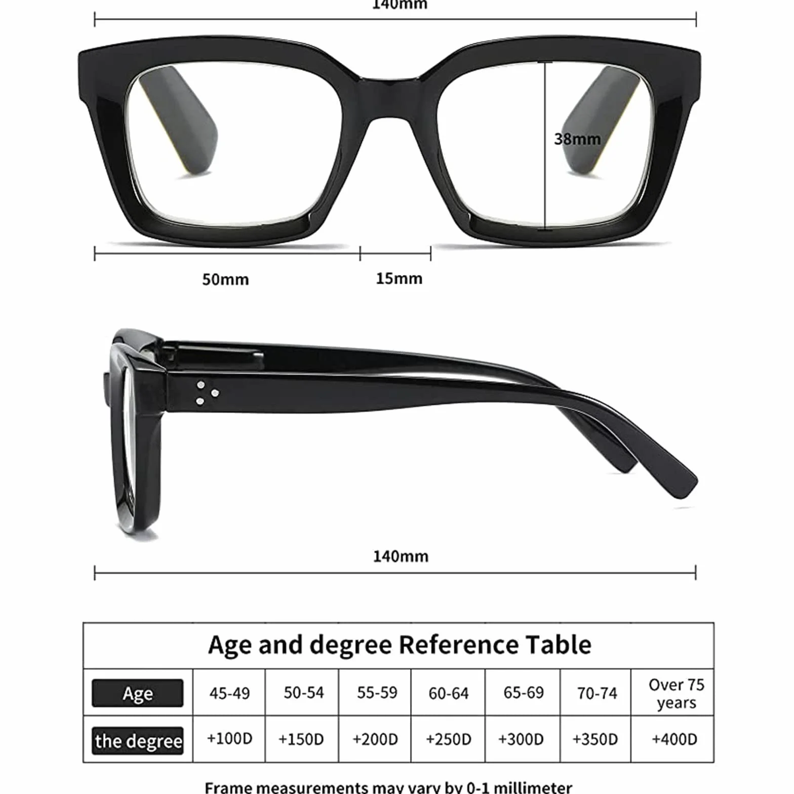 Hubeye Gafas de lectura cuadrados montura grande bisagra resorte anti luz azul Negro 2.50