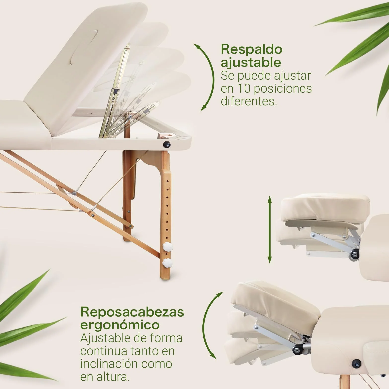 MASSUNDA Tumbona de Masaje Plegable Madera Maciza Altura Regulable Mesa Cosmética Móvil Funda Rizo Reposabrazos Respaldo Cojín Cervical