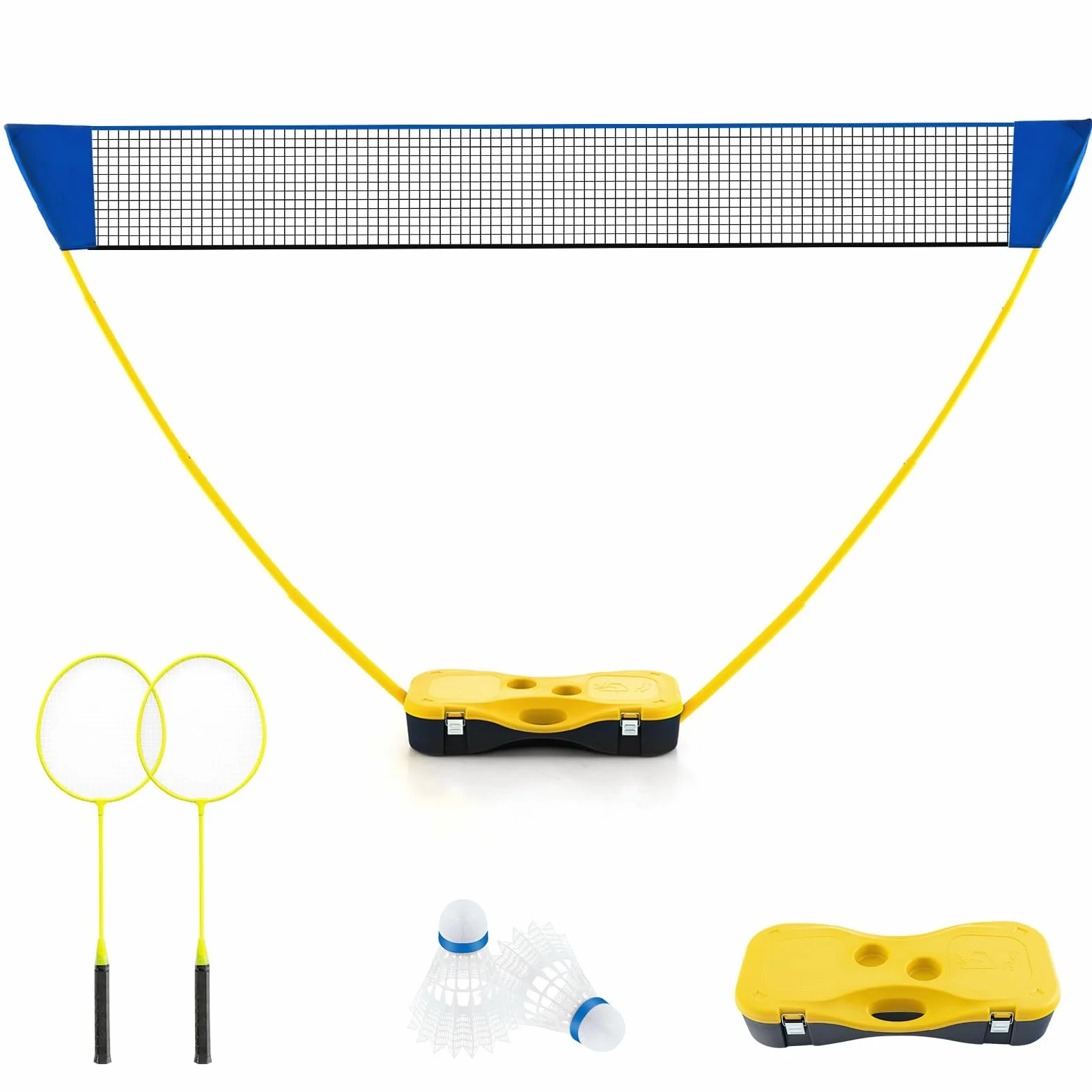 GYMAX Juego de Bádminton Portátil con 2 Raquetas, Red Premium, 2 Volantes y Estuche de Almacenamiento, para Interiores y Exteriores (Amarillo)