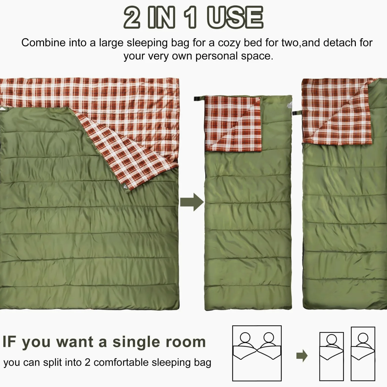 Saco de Dormir Doble de Franela de algodón para Camping, mochilero o Senderismo. Saco de Dormir Impermeable para 2 Personas, para Adultos o Adolescentes, Ligero con Saco de compresión