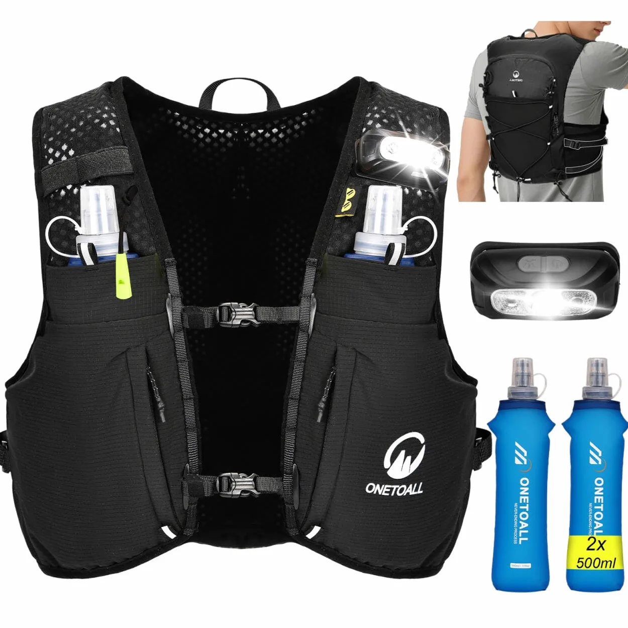 Chaleco Running Hombre Mujer con 2 Botella 500ml y Luz LED Recargable, Chaleco Hidratacion Trail Running, Mochila Hidratacion Running Vest Mochila Running para Correr Senderismo Montaña