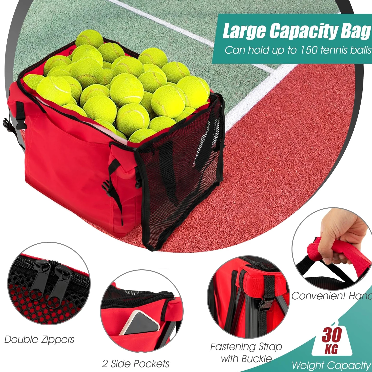 LIFEZEAL Carrito para Pelotas de Tenis, Trolley Plegable para Pelotas de Tenis con Bolsa de Transporte, cestas con Ruedas de Tenis y de Viaje, recogepelotas para 150 Pelotas de Tenis