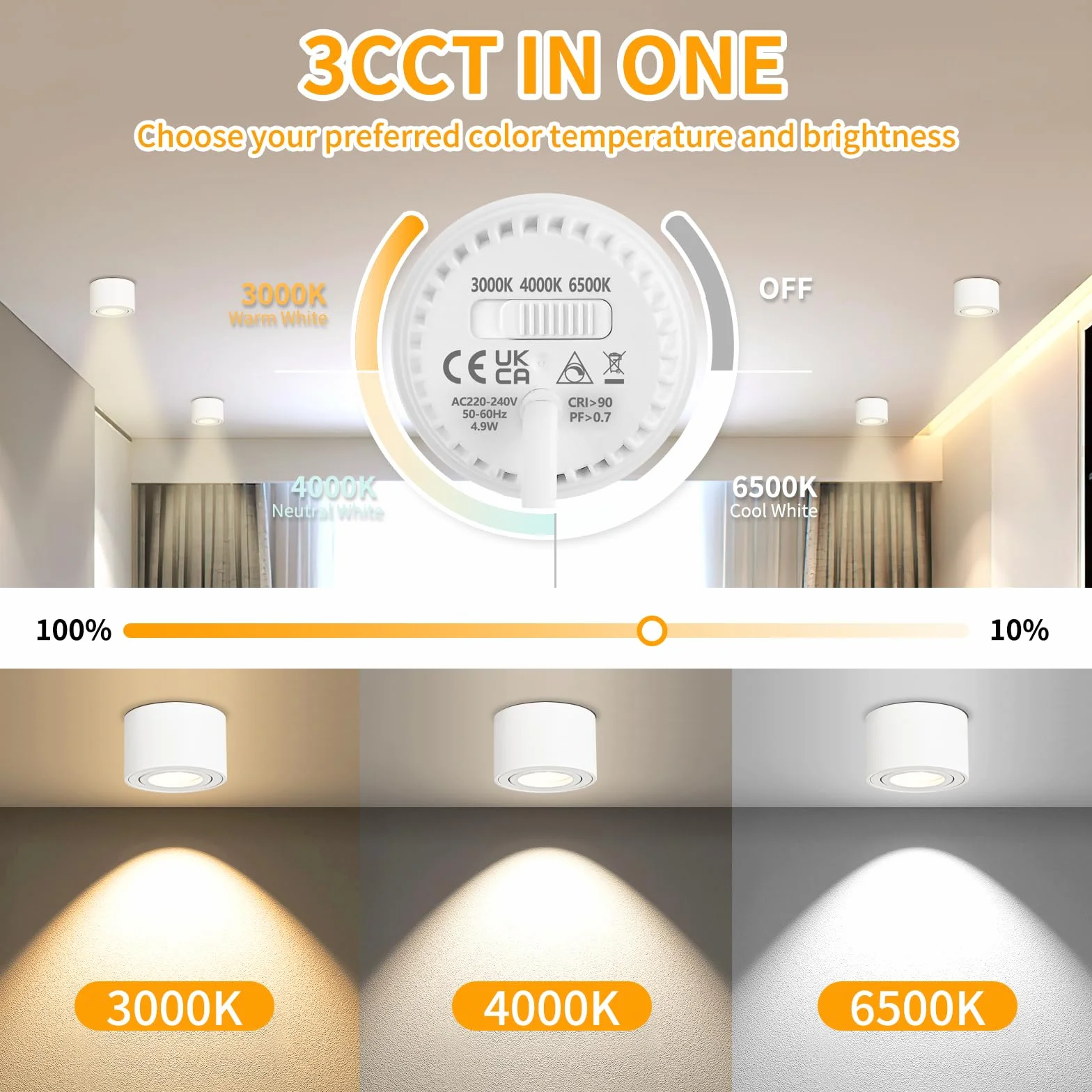 GeyouLux Foco LED Techo Regulable 5W Ø80x50mm Orientable 3000K/4000K/6500K 500LM 230V Aluminio Blanco Redondo 4 Piezas